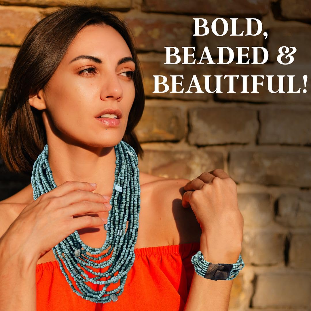 Handmade Seed Bead Necklace & Bracelet Set - Boho Jewelry for Women - Layered Multi Strand Beaded Jewelry w/Wooden Clasp - Necklace Length 18" - Strechable Bracelet Gifts for Womens - Image 6