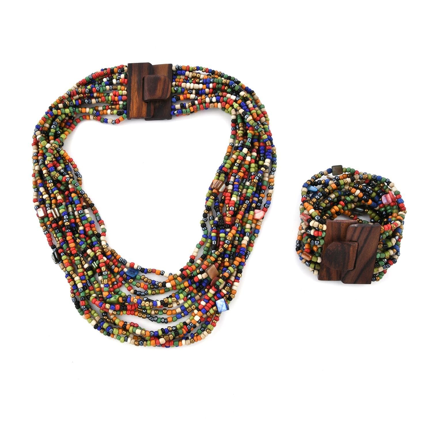 Handmade Seed Bead Necklace & Bracelet Set - Boho Jewelry for Women - Layered Multi Strand Beaded Jewelry w/Wooden Clasp - Necklace Length 18" - Strechable Bracelet Gifts for Womens