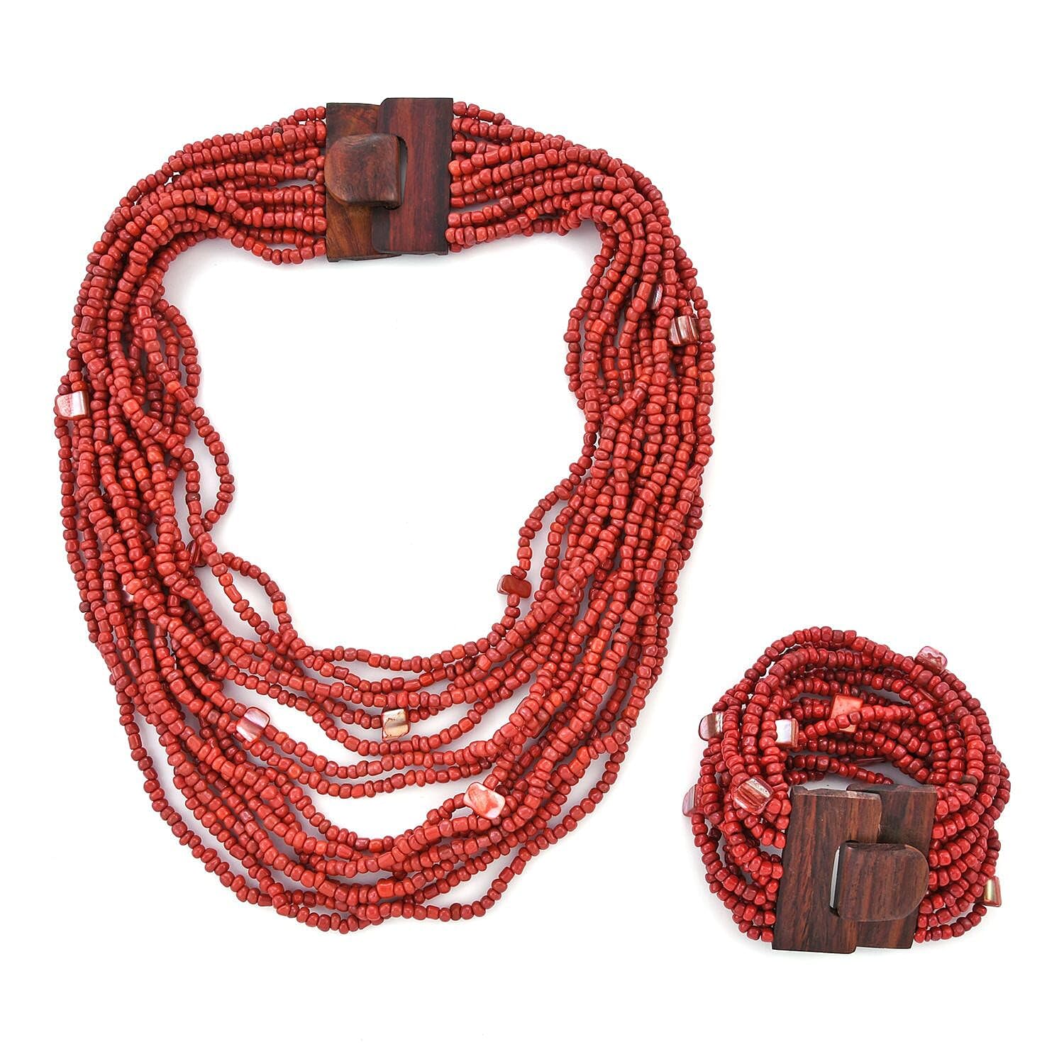 Handmade Seed Bead Necklace & Bracelet Set - Boho Jewelry for Women - Layered Multi Strand Beaded Jewelry w/Wooden Clasp - Necklace Length 18" - Strechable Bracelet Gifts for Womens