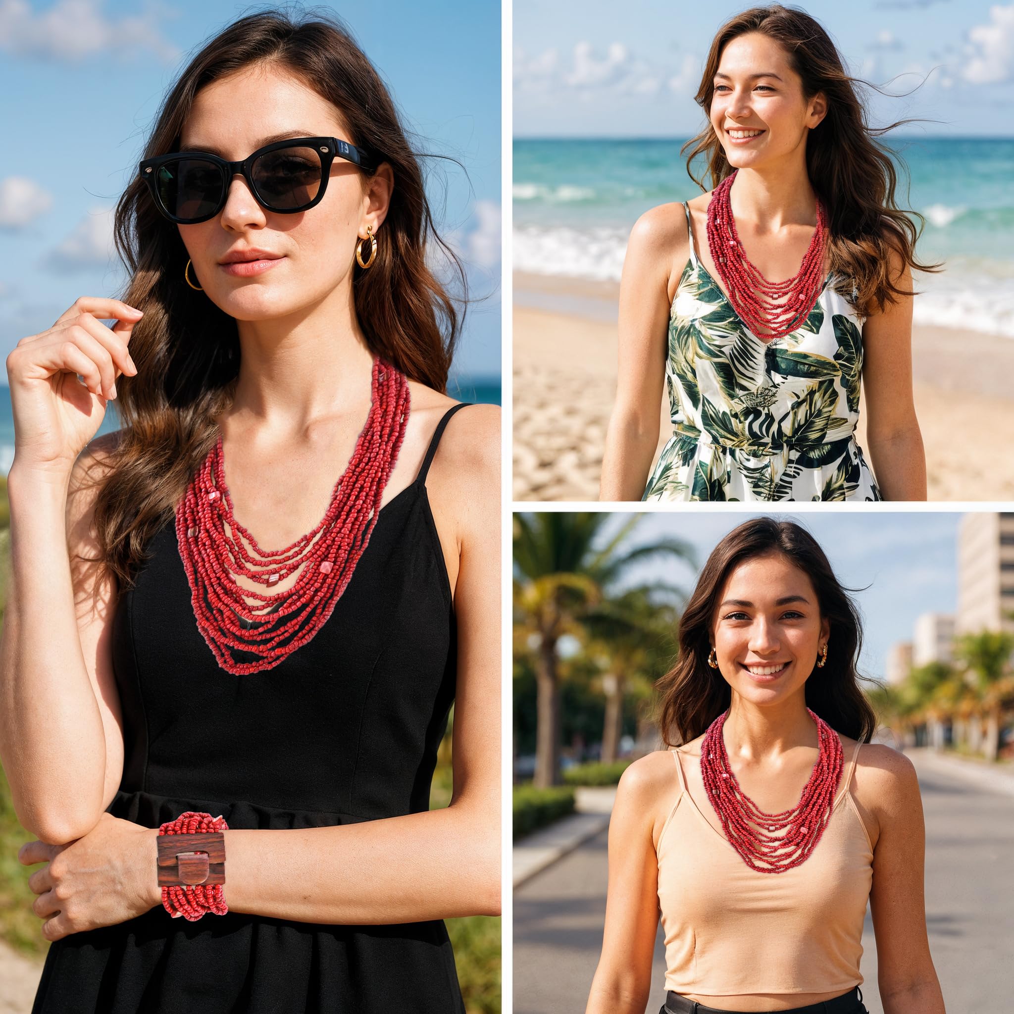 Handmade Seed Bead Necklace & Bracelet Set - Boho Jewelry for Women - Layered Multi Strand Beaded Jewelry w/Wooden Clasp - Necklace Length 18" - Strechable Bracelet Gifts for Womens - Image 2