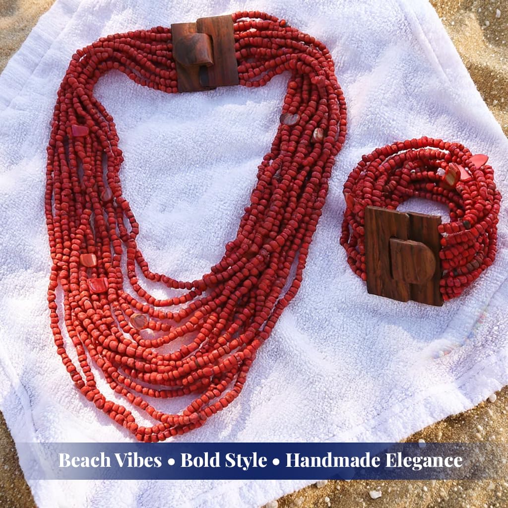 Handmade Seed Bead Necklace & Bracelet Set - Boho Jewelry for Women - Layered Multi Strand Beaded Jewelry w/Wooden Clasp - Necklace Length 18" - Strechable Bracelet Gifts for Womens - Image 3