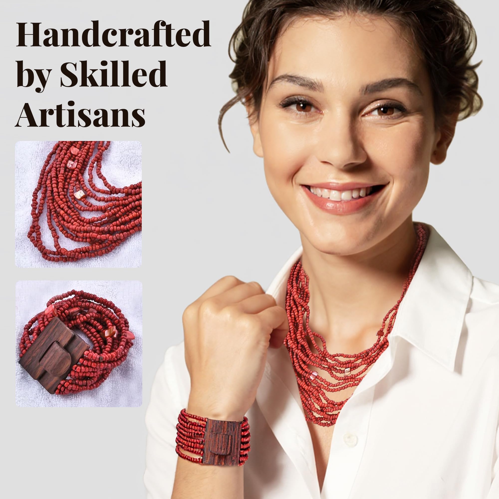 Handmade Seed Bead Necklace & Bracelet Set - Boho Jewelry for Women - Layered Multi Strand Beaded Jewelry w/Wooden Clasp - Necklace Length 18" - Strechable Bracelet Gifts for Womens - Image 4