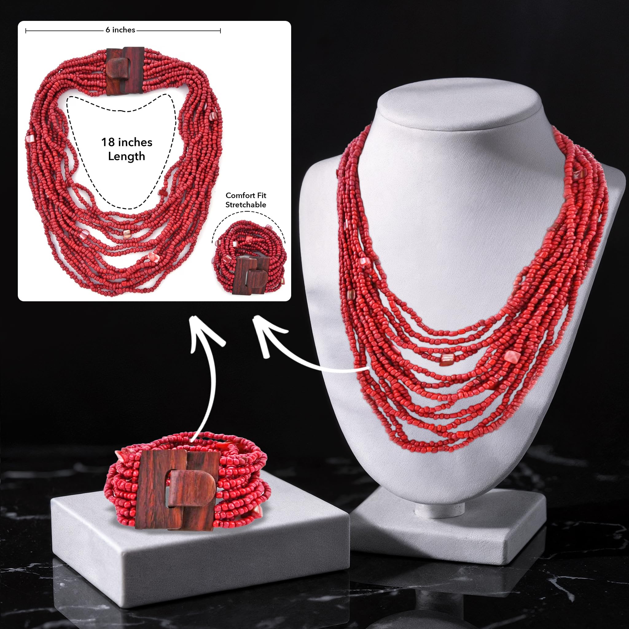 Handmade Seed Bead Necklace & Bracelet Set - Boho Jewelry for Women - Layered Multi Strand Beaded Jewelry w/Wooden Clasp - Necklace Length 18" - Strechable Bracelet Gifts for Womens - Image 5