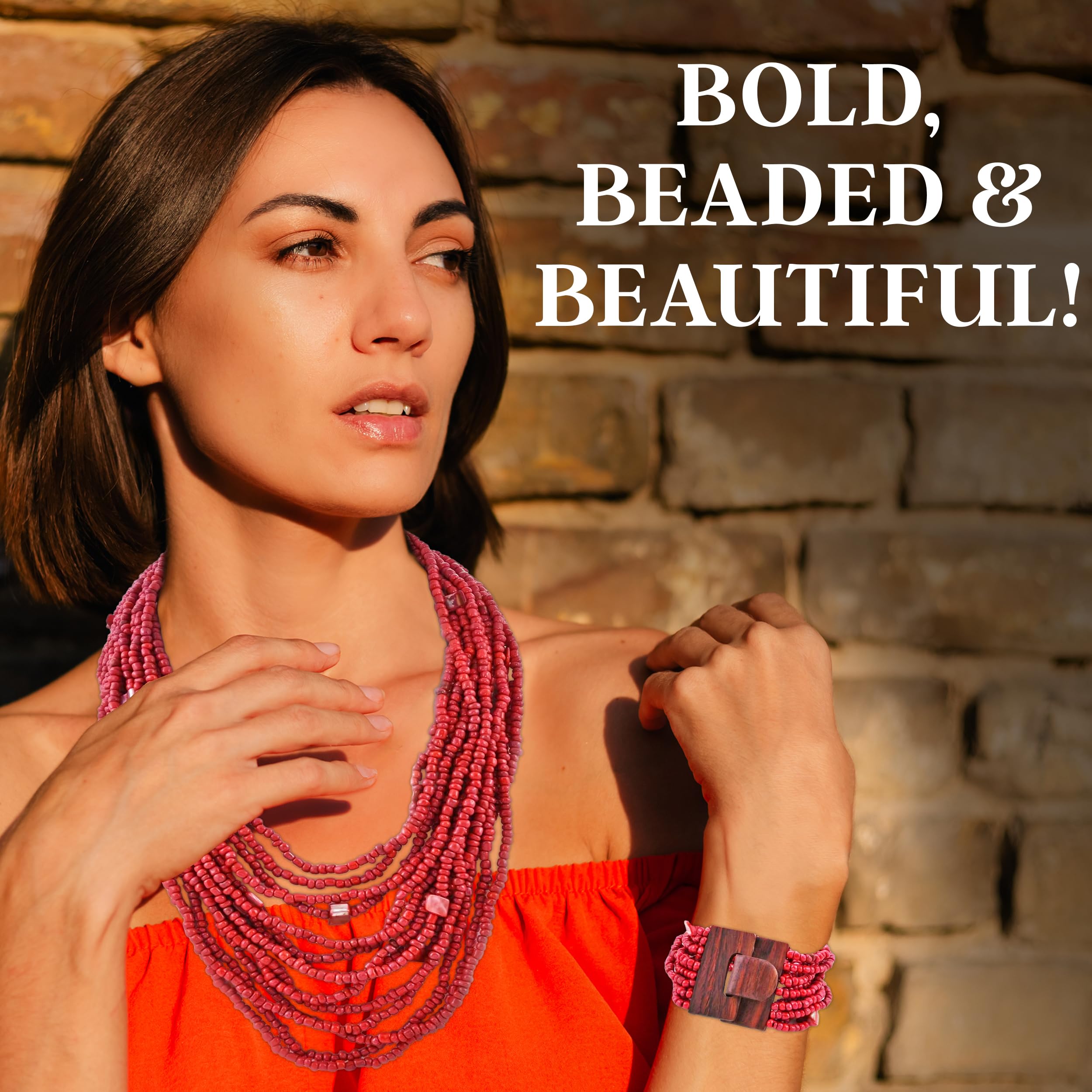 Handmade Seed Bead Necklace & Bracelet Set - Boho Jewelry for Women - Layered Multi Strand Beaded Jewelry w/Wooden Clasp - Necklace Length 18" - Strechable Bracelet Gifts for Womens - Image 6