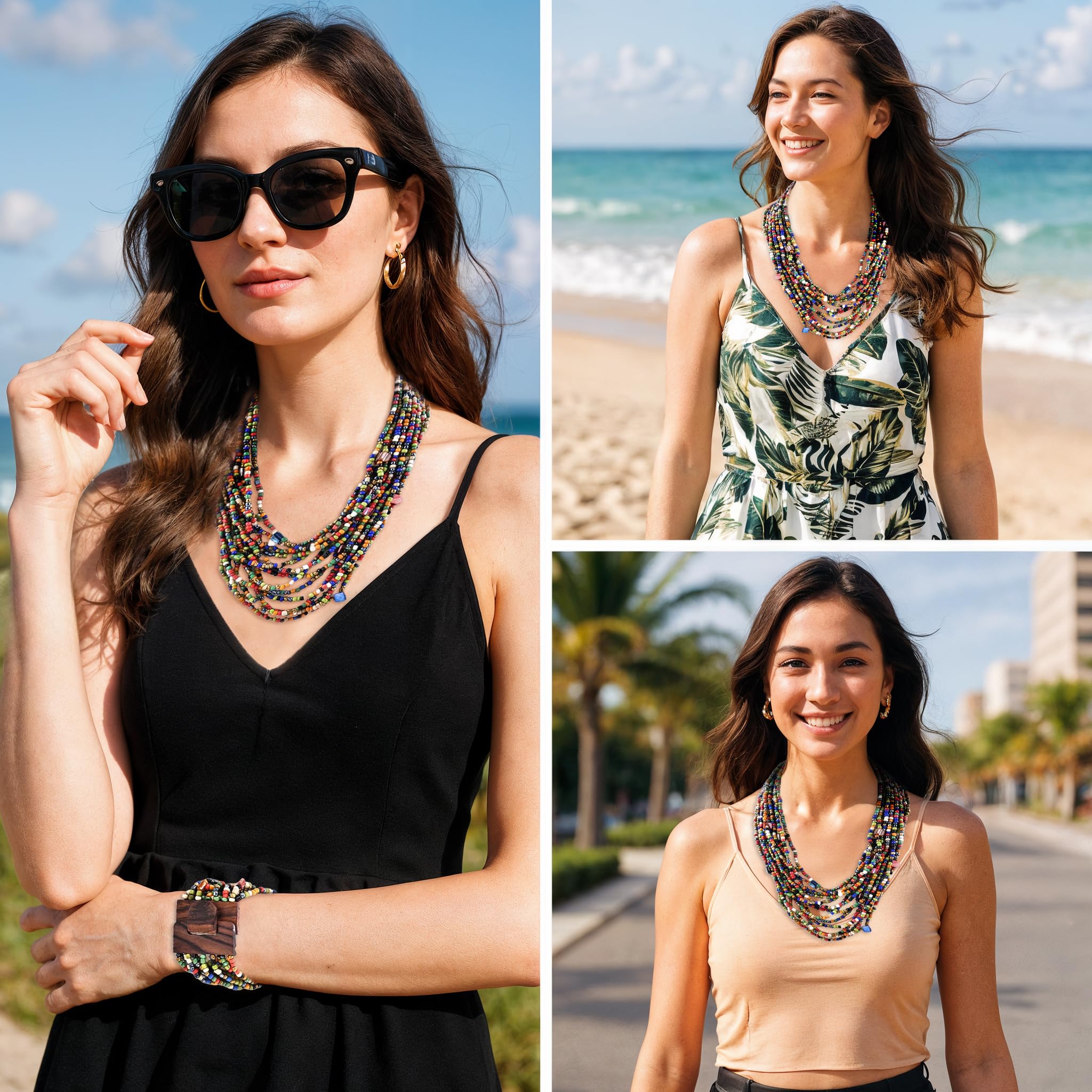 Handmade Seed Bead Necklace & Bracelet Set - Boho Jewelry for Women - Layered Multi Strand Beaded Jewelry w/Wooden Clasp - Necklace Length 18" - Strechable Bracelet Gifts for Womens - Image 2