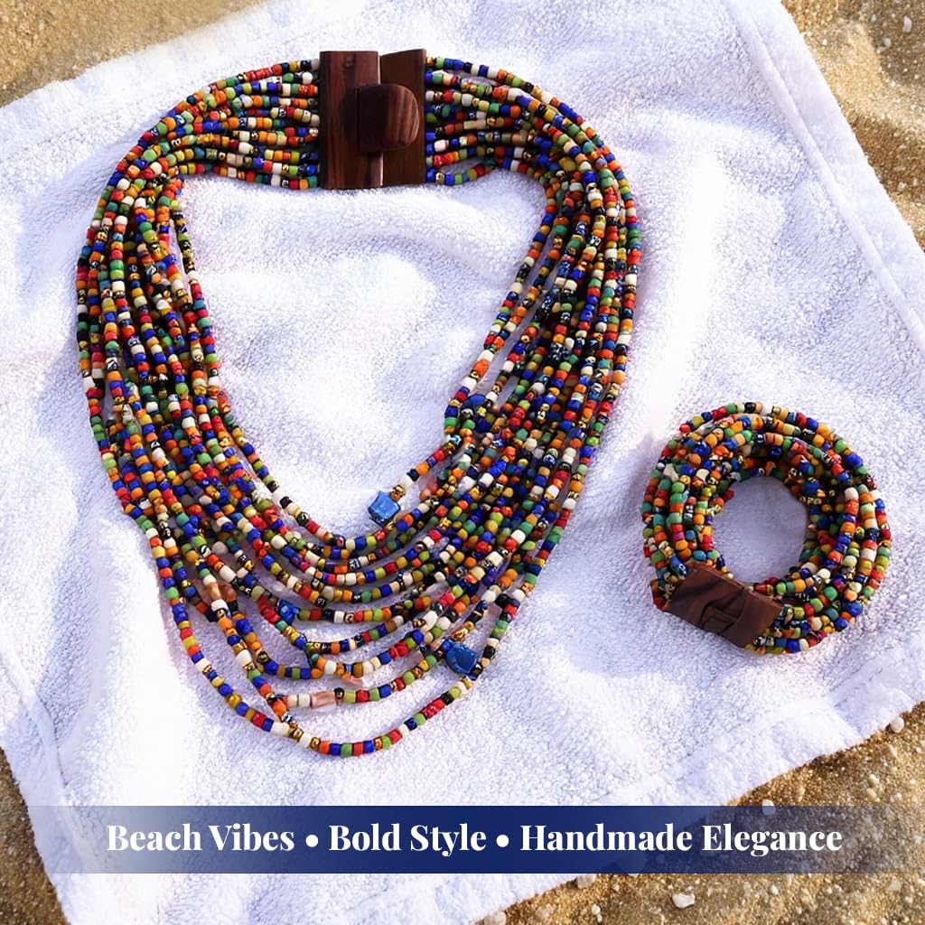 Handmade Seed Bead Necklace & Bracelet Set - Boho Jewelry for Women - Layered Multi Strand Beaded Jewelry w/Wooden Clasp - Necklace Length 18" - Strechable Bracelet Gifts for Womens - Image 3