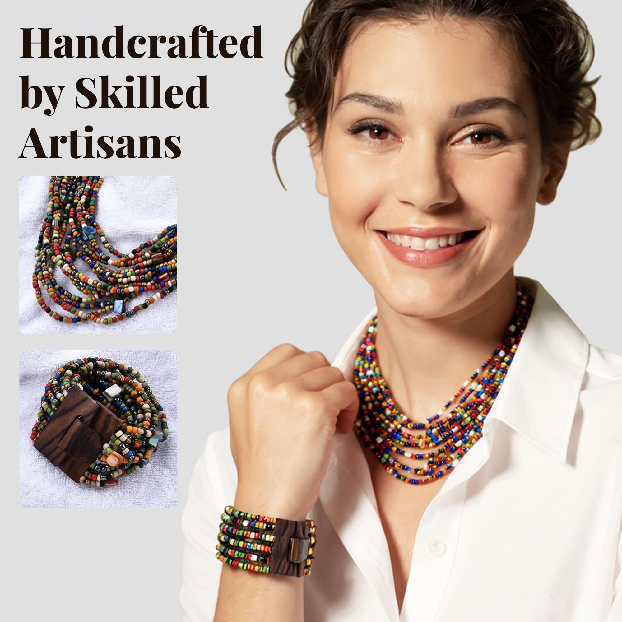 Handmade Seed Bead Necklace & Bracelet Set - Boho Jewelry for Women - Layered Multi Strand Beaded Jewelry w/Wooden Clasp - Necklace Length 18" - Strechable Bracelet Gifts for Womens - Image 4