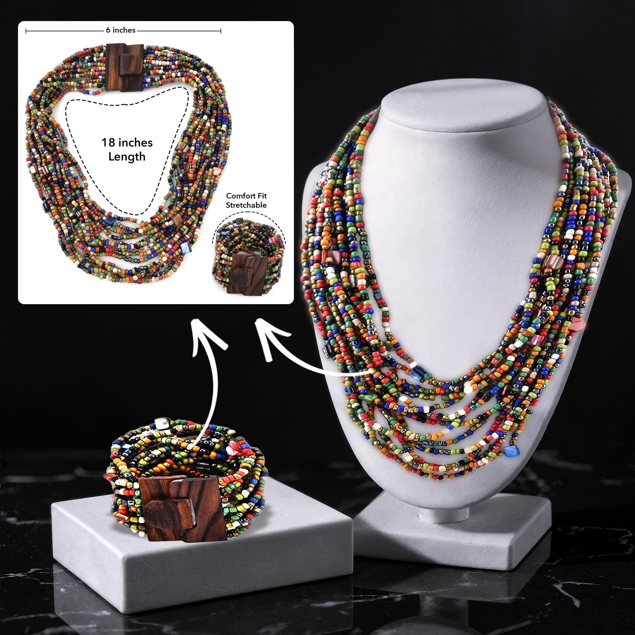 Handmade Seed Bead Necklace & Bracelet Set - Boho Jewelry for Women - Layered Multi Strand Beaded Jewelry w/Wooden Clasp - Necklace Length 18" - Strechable Bracelet Gifts for Womens - Image 5