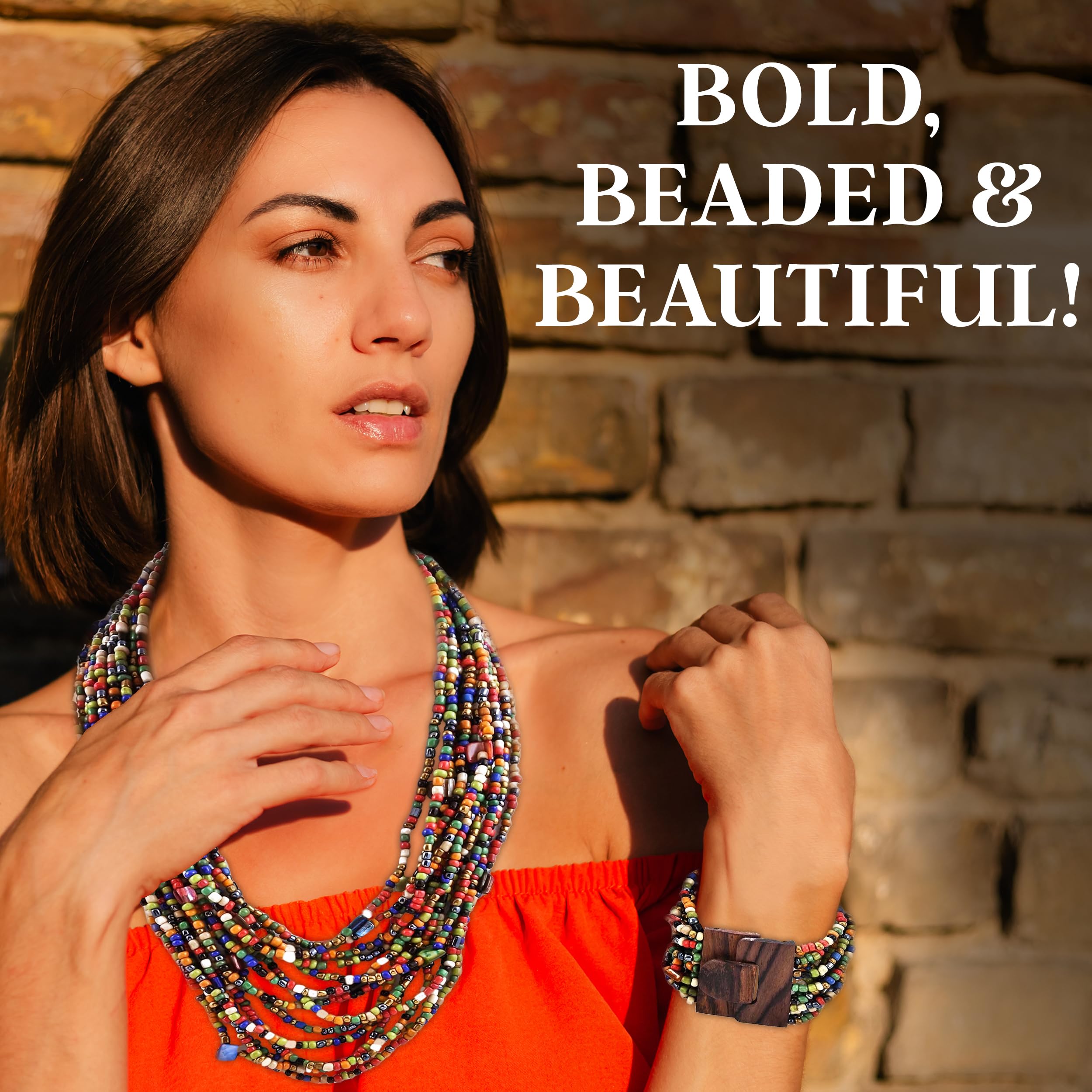 Handmade Seed Bead Necklace & Bracelet Set - Boho Jewelry for Women - Layered Multi Strand Beaded Jewelry w/Wooden Clasp - Necklace Length 18" - Strechable Bracelet Gifts for Womens - Image 6