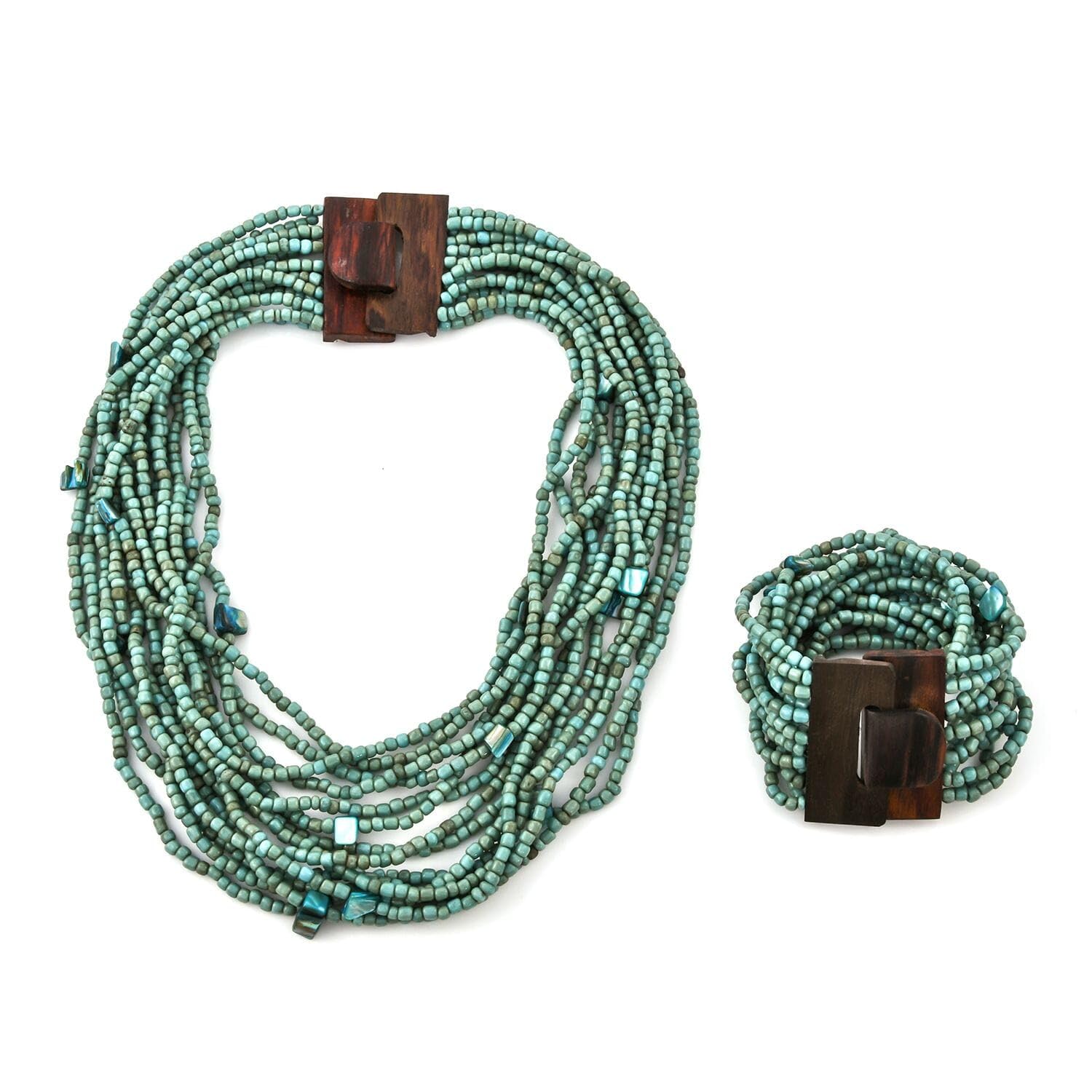 Handmade Seed Bead Necklace & Bracelet Set Boho Jewelry for Women - Layered Multi Strand Beaded Necklaces & Bracelets w/Wooden Clasp Length 18" Strechable Bracelet Gifts for Womens