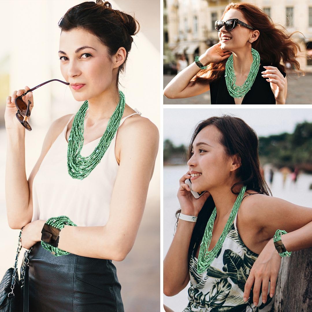 Handmade Seed Bead Necklace & Bracelet Set Boho Jewelry for Women - Layered Multi Strand Beaded Necklaces & Bracelets w/Wooden Clasp Length 18" Strechable Bracelet Gifts for Womens - Image 2