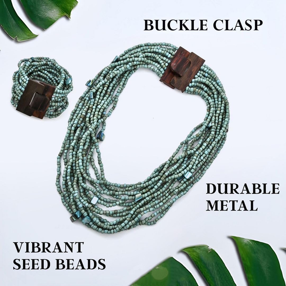 Handmade Seed Bead Necklace & Bracelet Set Boho Jewelry for Women - Layered Multi Strand Beaded Necklaces & Bracelets w/Wooden Clasp Length 18" Strechable Bracelet Gifts for Womens - Image 3