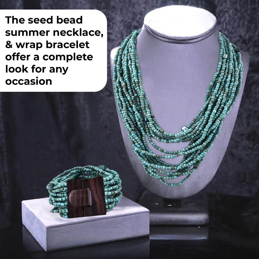 Handmade Seed Bead Necklace & Bracelet Set Boho Jewelry for Women - Layered Multi Strand Beaded Necklaces & Bracelets w/Wooden Clasp Length 18" Strechable Bracelet Gifts for Womens - Image 4