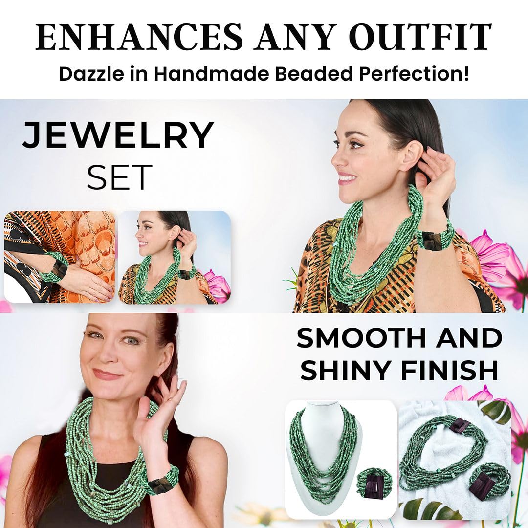 Handmade Seed Bead Necklace & Bracelet Set Boho Jewelry for Women - Layered Multi Strand Beaded Necklaces & Bracelets w/Wooden Clasp Length 18" Strechable Bracelet Gifts for Womens - Image 5
