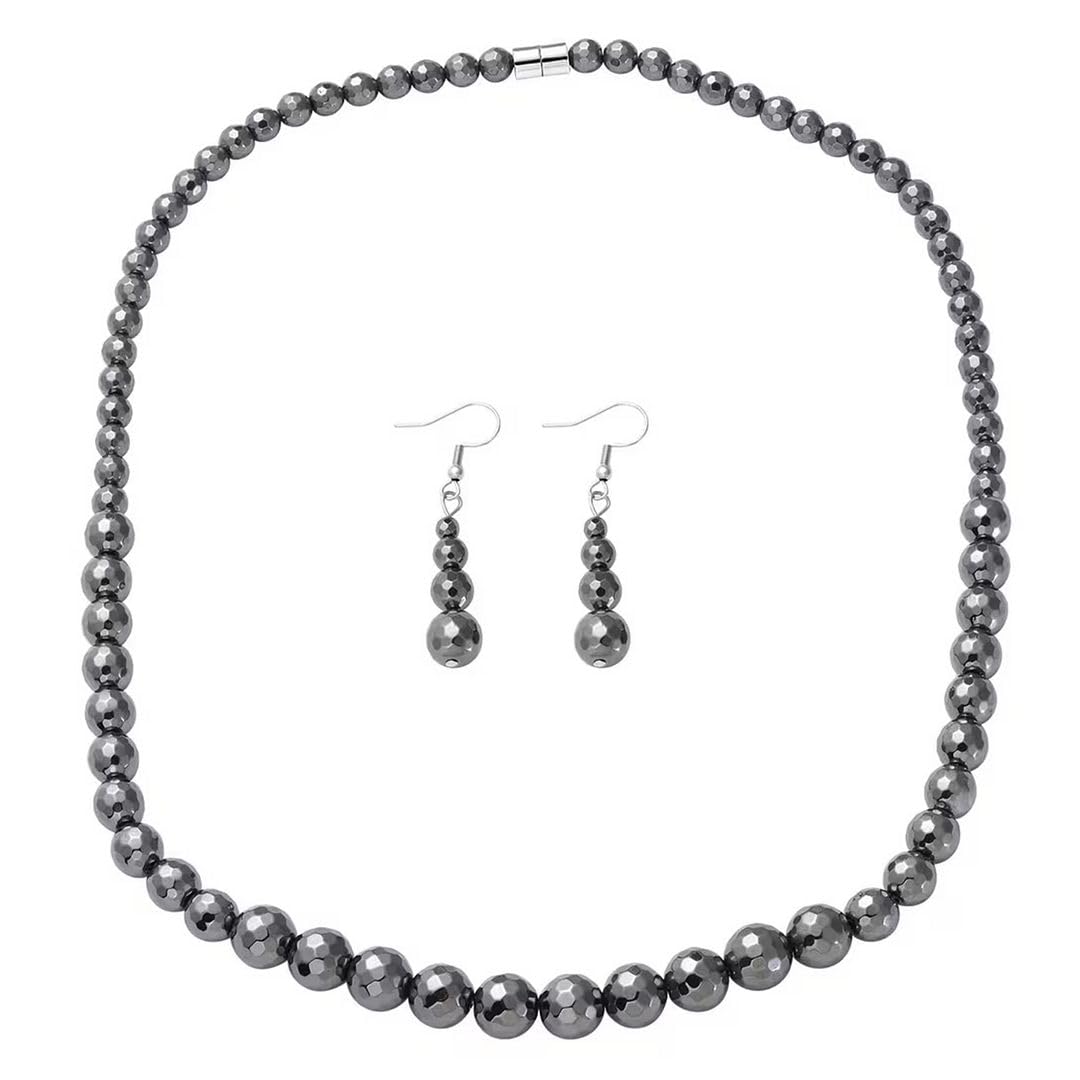 Hematite Necklace and Earrings Set Stainless Steel Choker Beach Boho Black Beaded Necklace - Costume Jewelry Set Dangle Earrings for Women - 20" Anniversary Wedding Engagement Christmas Gifts