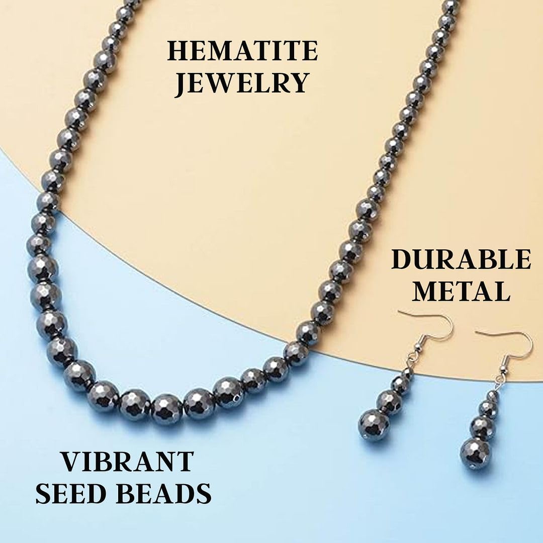 Hematite Necklace and Earrings Set Stainless Steel Choker Beach Boho Black Beaded Necklace - Costume Jewelry Set Dangle Earrings for Women - 20" Anniversary Wedding Engagement Christmas Gifts - Image 5