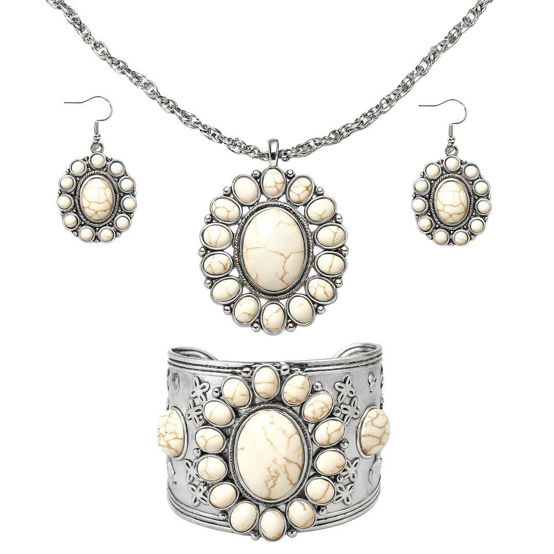 Howlite Jewelry Sets for Women - Turquoise Inspired Western Cowgirl Accessories - Statement Summer Beach Boho Necklace Earrings & Cuff Bracelet Set - Costume Jewelry Anniversary Engagement Gifts