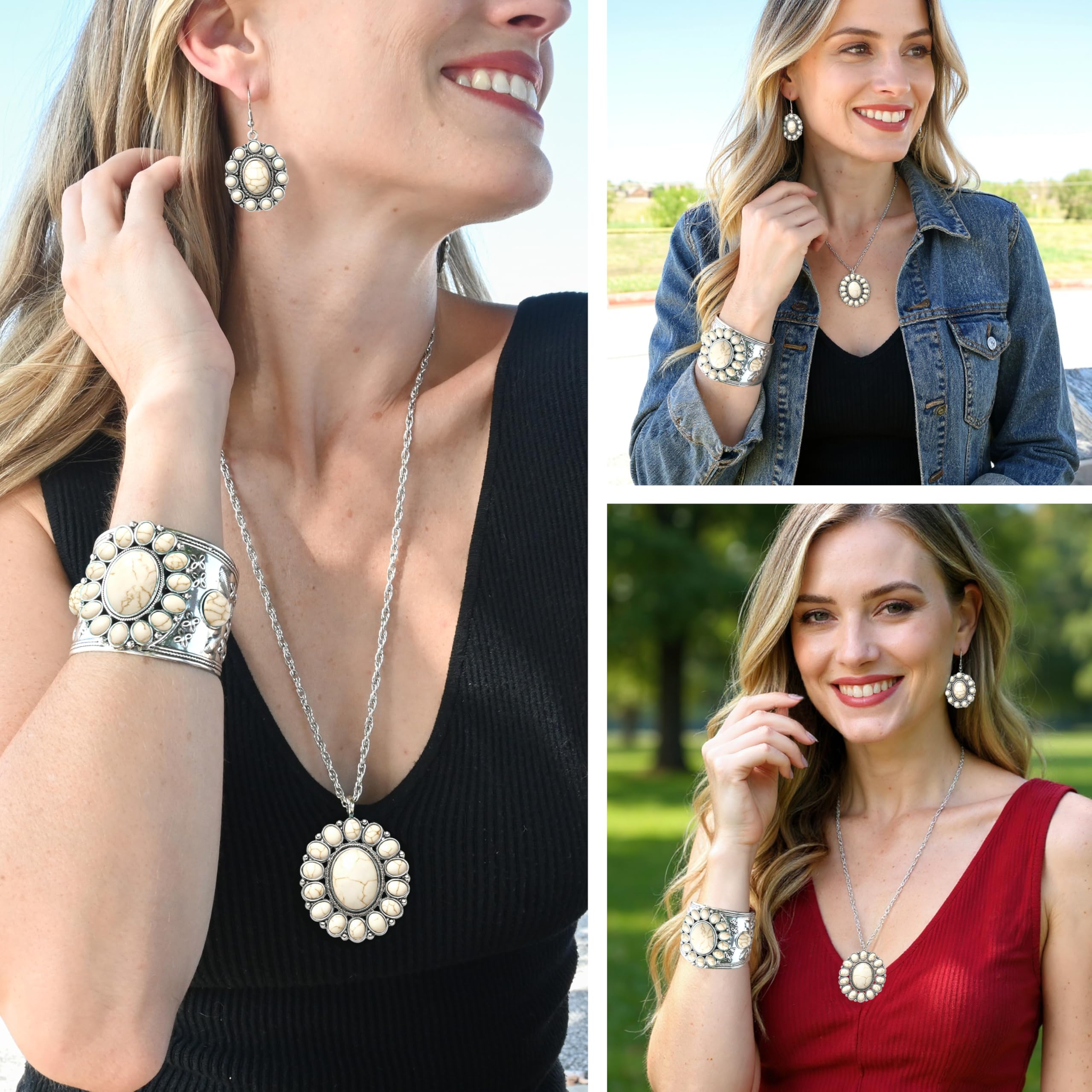 Howlite Jewelry Sets for Women - Turquoise Inspired Western Cowgirl Accessories - Statement Summer Beach Boho Necklace Earrings & Cuff Bracelet Set - Costume Jewelry Anniversary Engagement Gifts - Image 2
