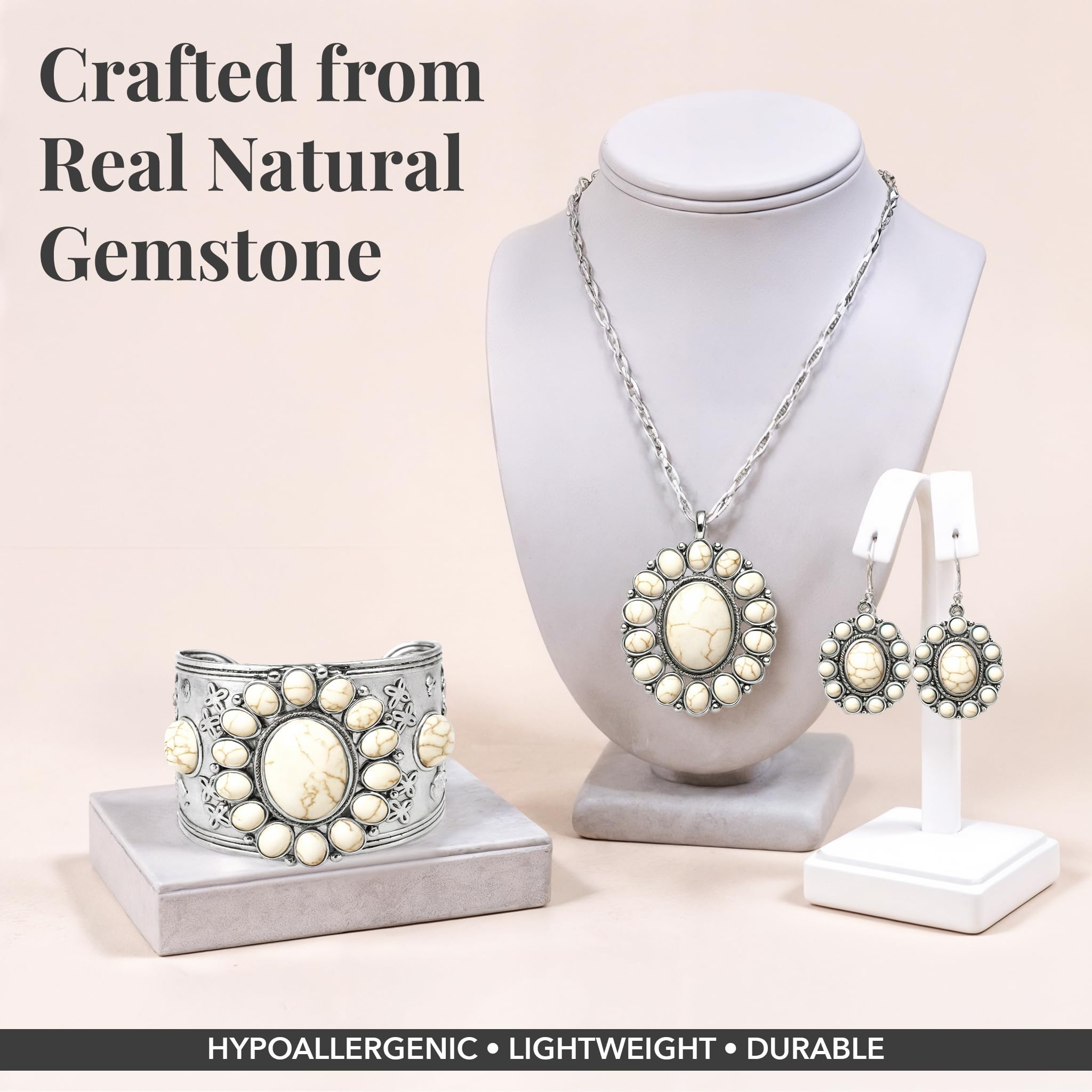 Howlite Jewelry Sets for Women - Turquoise Inspired Western Cowgirl Accessories - Statement Summer Beach Boho Necklace Earrings & Cuff Bracelet Set - Costume Jewelry Anniversary Engagement Gifts - Image 3
