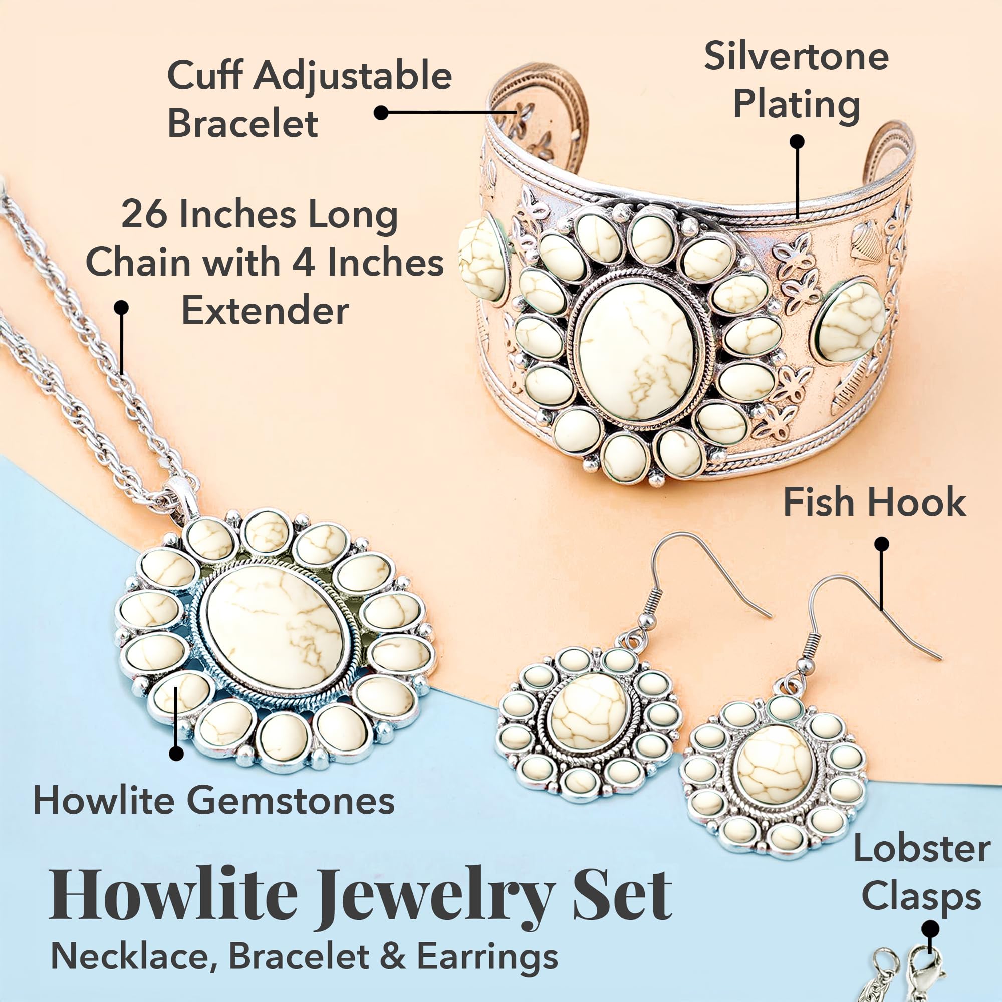Howlite Jewelry Sets for Women - Turquoise Inspired Western Cowgirl Accessories - Statement Summer Beach Boho Necklace Earrings & Cuff Bracelet Set - Costume Jewelry Anniversary Engagement Gifts - Image 5