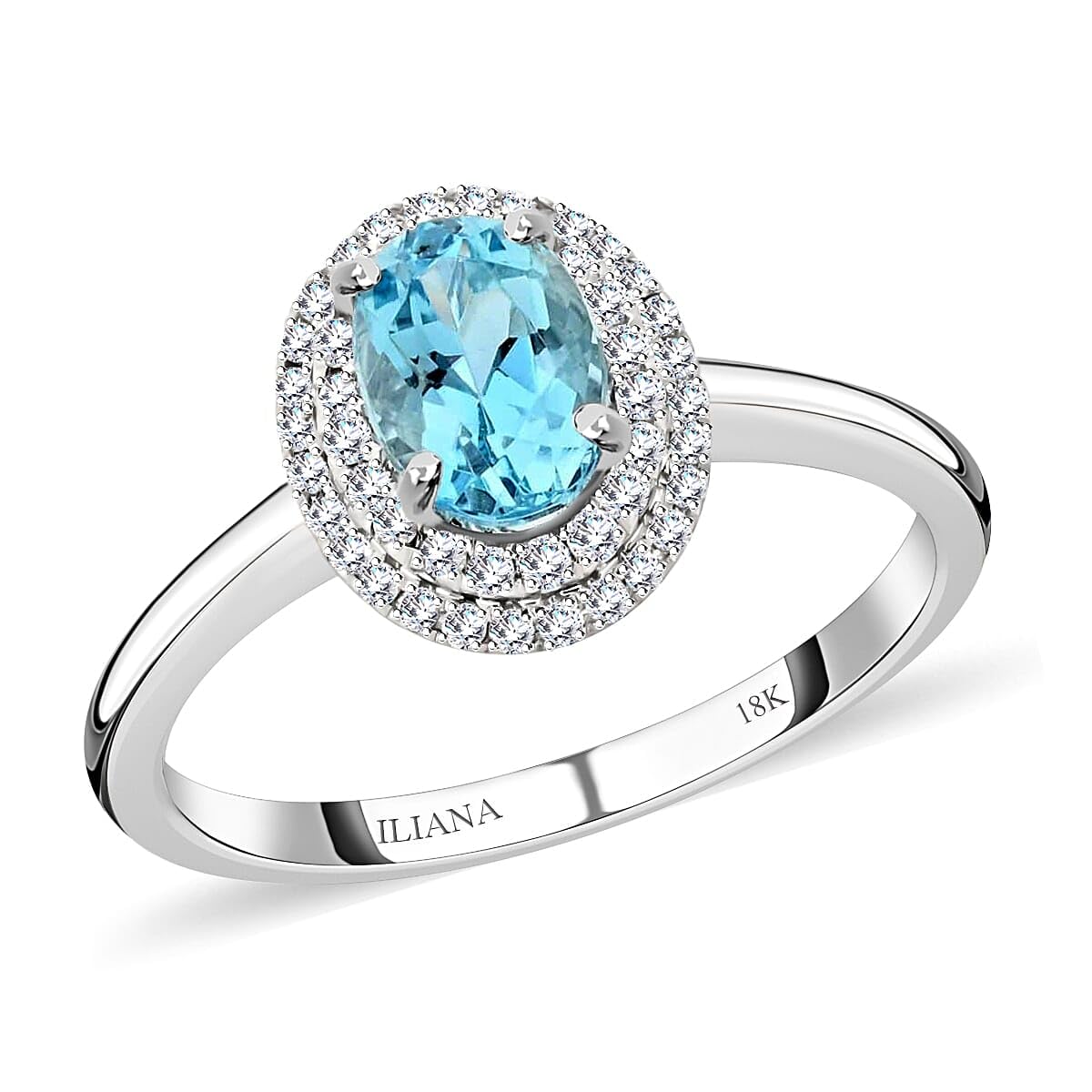 ILIANA AAA Blue Aquamarine White Diamond Oval 18K White Gold Halo Ring for Women Jewelry Size 8 Ct 0.86 G-H Color Si1 Clarity Birthday Christmas Gifts
