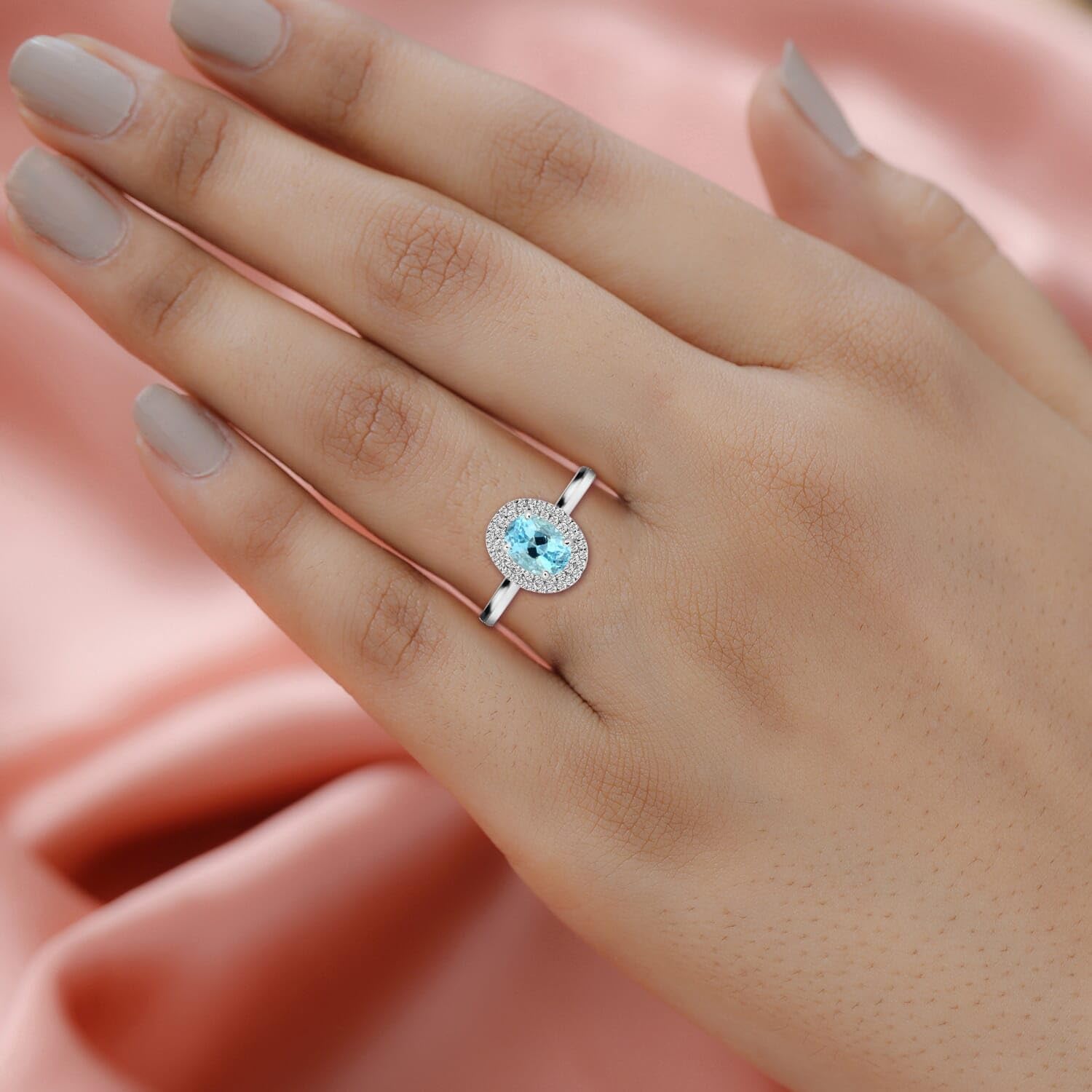 ILIANA AAA Blue Aquamarine White Diamond Oval 18K White Gold Halo Ring for Women Jewelry Size 8 Ct 0.86 G-H Color Si1 Clarity Birthday Christmas Gifts - Image 3