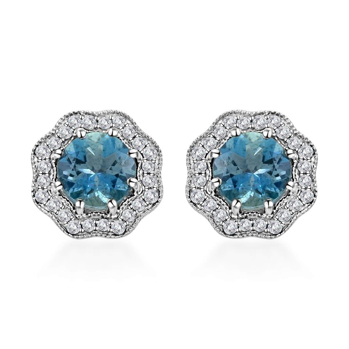ILIANA AAA Blue Aquamarine White Diamond Round 18K White Chunky Solid Real Gold Jewelry Stud Solitaire Earrings Jewelry Birthday Christmas Gifts for Women Ct 1.36 G-H Color Si1 Clarity