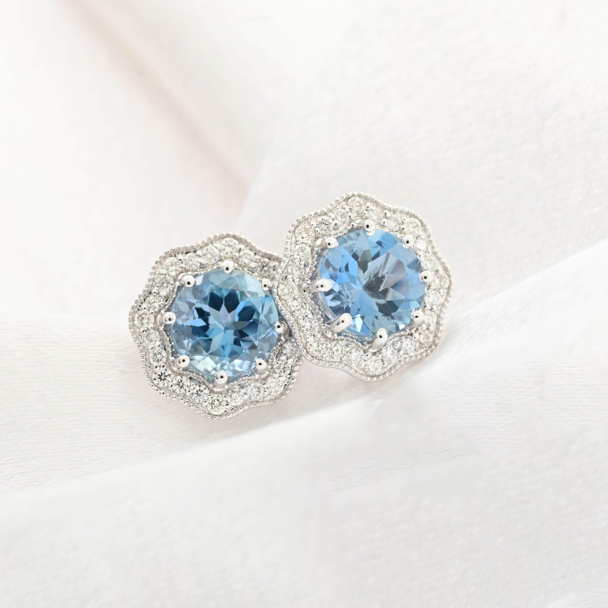 ILIANA AAA Blue Aquamarine White Diamond Round 18K White Chunky Solid Real Gold Jewelry Stud Solitaire Earrings Jewelry Birthday Christmas Gifts for Women Ct 1.36 G-H Color Si1 Clarity - Image 2