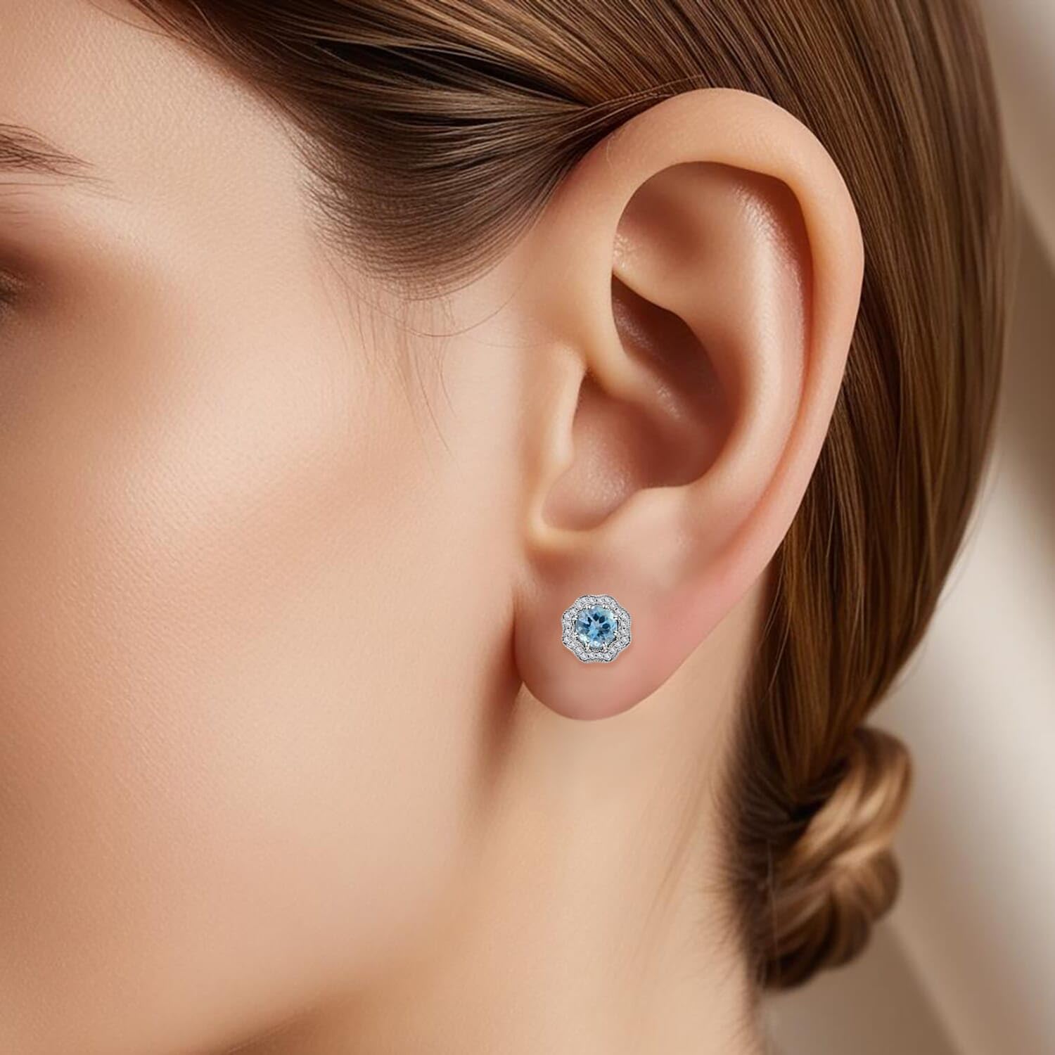ILIANA AAA Blue Aquamarine White Diamond Round 18K White Chunky Solid Real Gold Jewelry Stud Solitaire Earrings Jewelry Birthday Christmas Gifts for Women Ct 1.36 G-H Color Si1 Clarity - Image 3