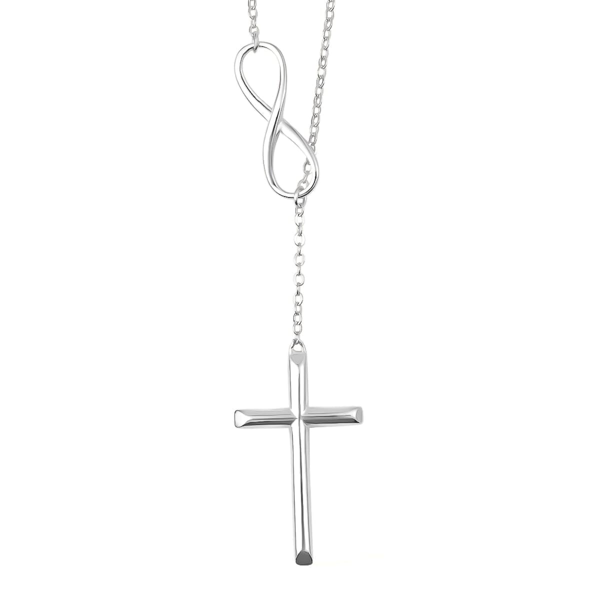 Infinity Cross Lariat Necklace 925 Sterling Silver 18" - Catholic Faith Christian Necklaces Religious Statement Jewelry - Engagement, Wedding, Anniversary - Birthday Christmas Gifts for Womens