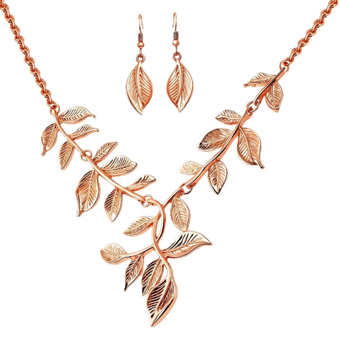 ION Plated Gold Necklace Set - Gold Leaf Necklace and Earrings Set - Floral Flower Costume Jewelry for Women Wedding Birthday - Anniversary Christmas Gifts for Women - 22 Inches