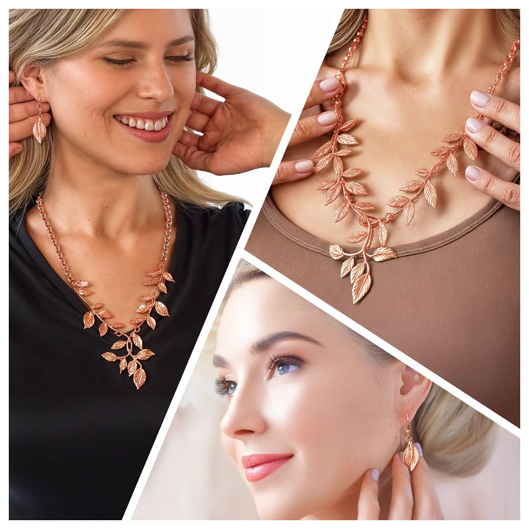 ION Plated Gold Necklace Set - Gold Leaf Necklace and Earrings Set - Floral Flower Costume Jewelry for Women Wedding Birthday - Anniversary Christmas Gifts for Women - 22 Inches - Image 2