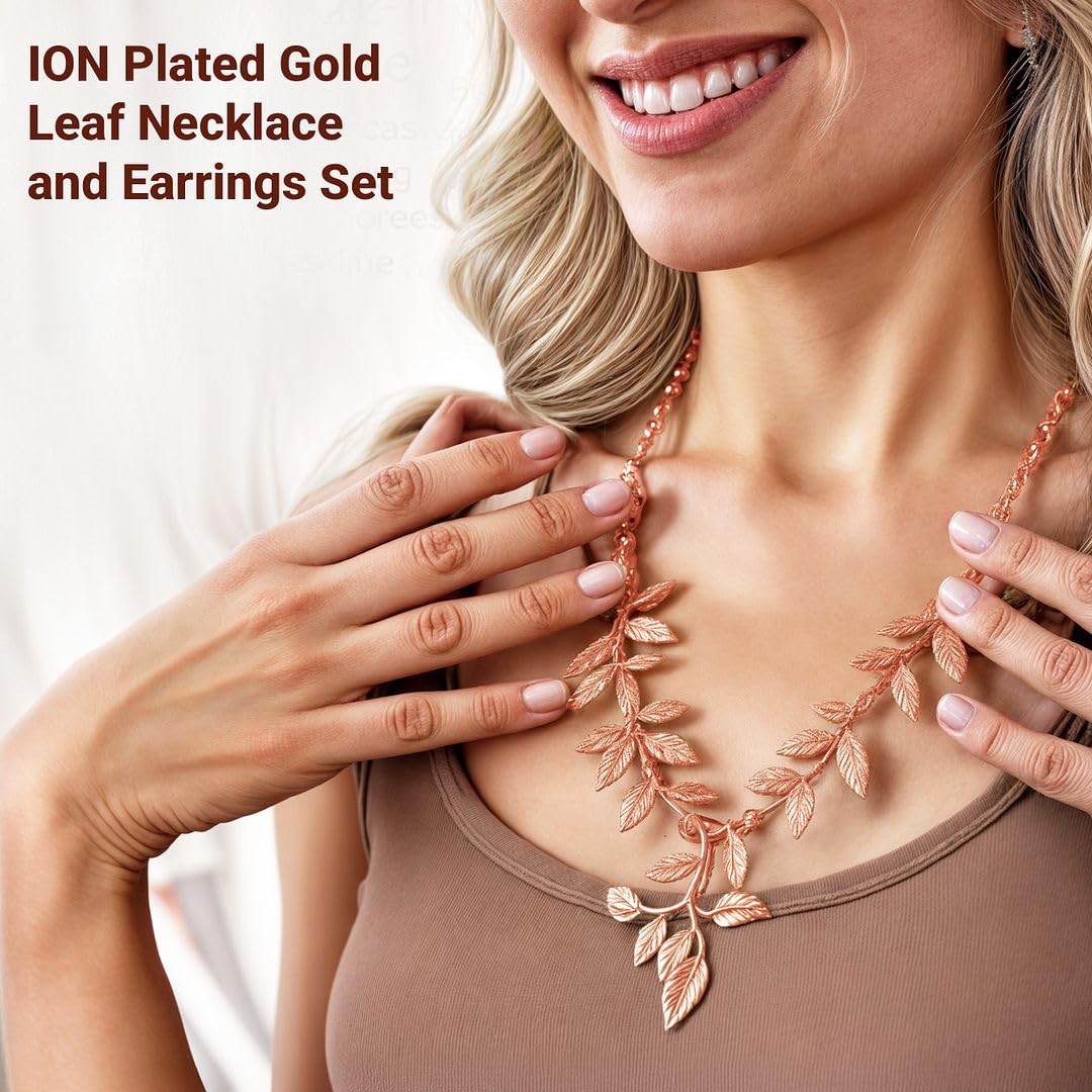 ION Plated Gold Necklace Set - Gold Leaf Necklace and Earrings Set - Floral Flower Costume Jewelry for Women Wedding Birthday - Anniversary Christmas Gifts for Women - 22 Inches - Image 4