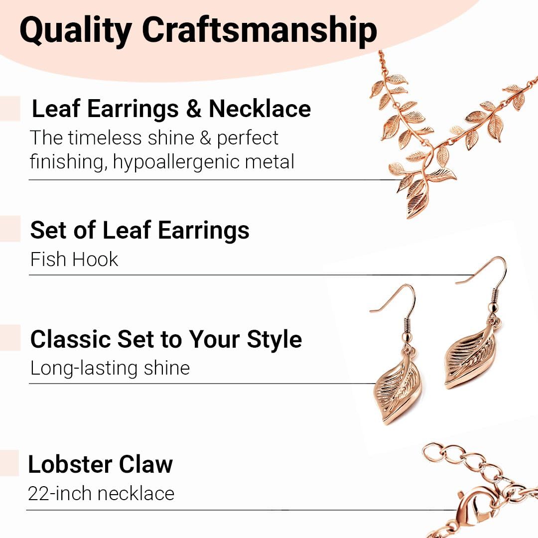 ION Plated Gold Necklace Set - Gold Leaf Necklace and Earrings Set - Floral Flower Costume Jewelry for Women Wedding Birthday - Anniversary Christmas Gifts for Women - 22 Inches - Image 5
