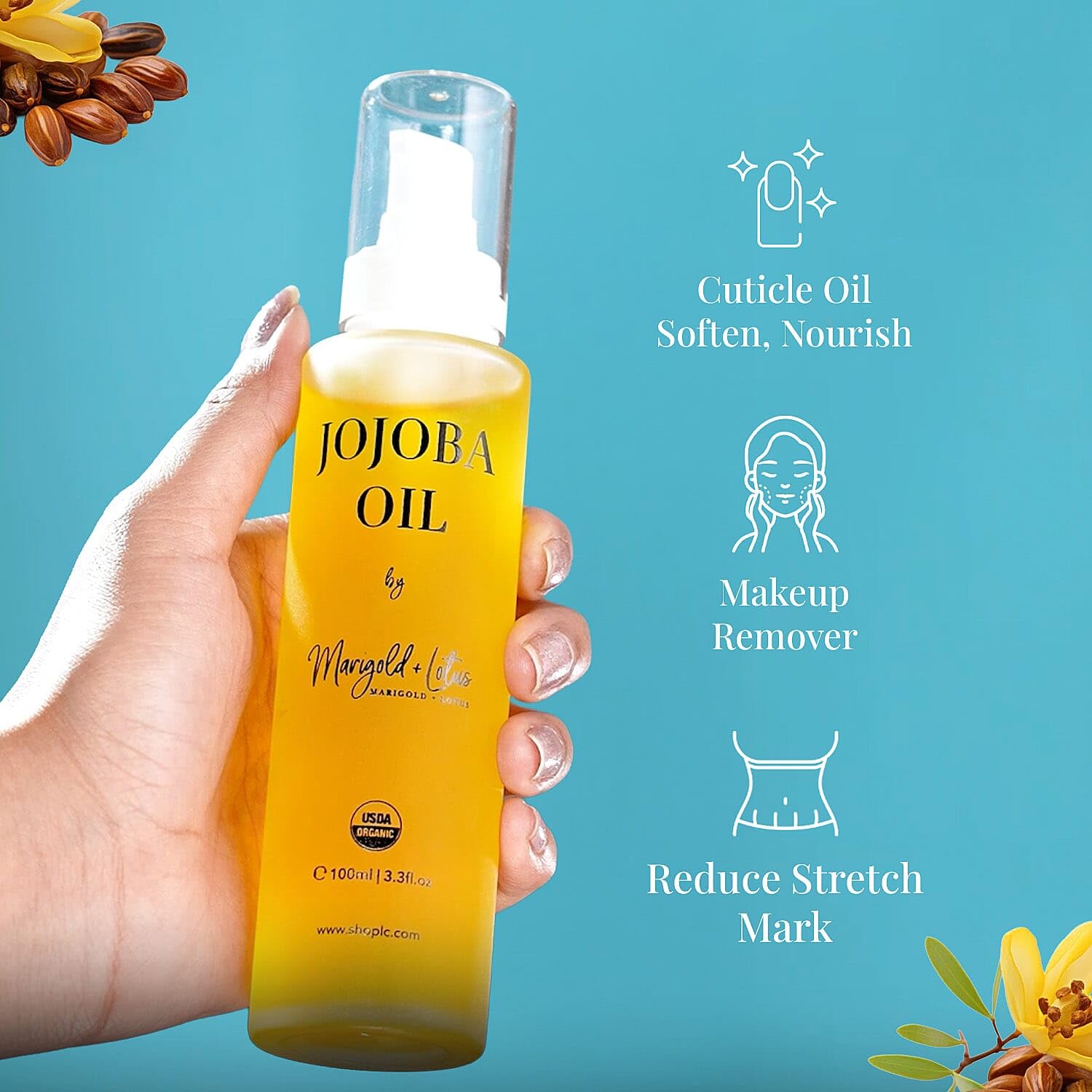 Jojoba Oil Organic Cold Pressed 3.3 oz-USDA Certified 100% Pure Organic for Hair Face Body Skin Natural Moisturizer Hexane-Free Reduce Stretch Marks Vitamin E Carrier Oils Christmas Gifts - Image 4