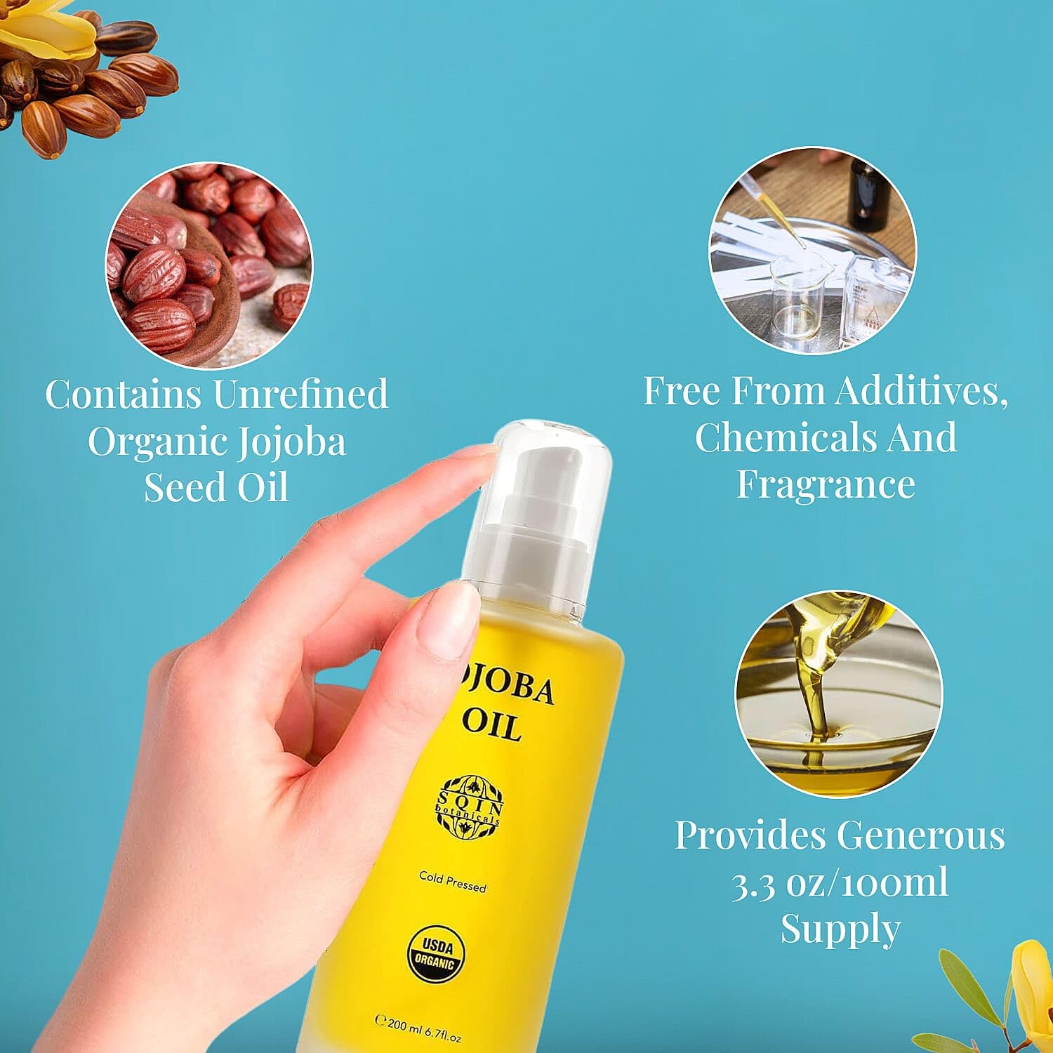 Jojoba Oil Organic Cold Pressed 3.3 oz-USDA Certified 100% Pure Organic for Hair Face Body Skin Natural Moisturizer Hexane-Free Reduce Stretch Marks Vitamin E Carrier Oils Christmas Gifts - Image 5
