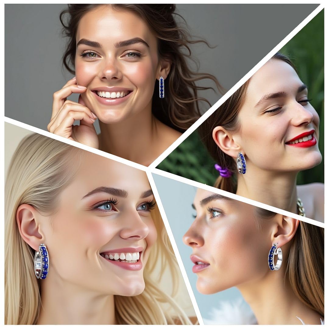 Lapis Lazuli Earrings for Women with Platinum Plated Hoop - Blue Earrings Costume Birthstone Jewelry Birthday Christmas Gifts for Women - Image 2