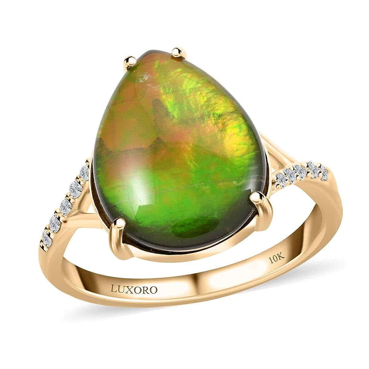 LUXORO AAA Ammolite White Diamond 10K Yellow Gold Ring for Women Jewelry G-H Color I3 Clarity Birthday Christmas Gifts