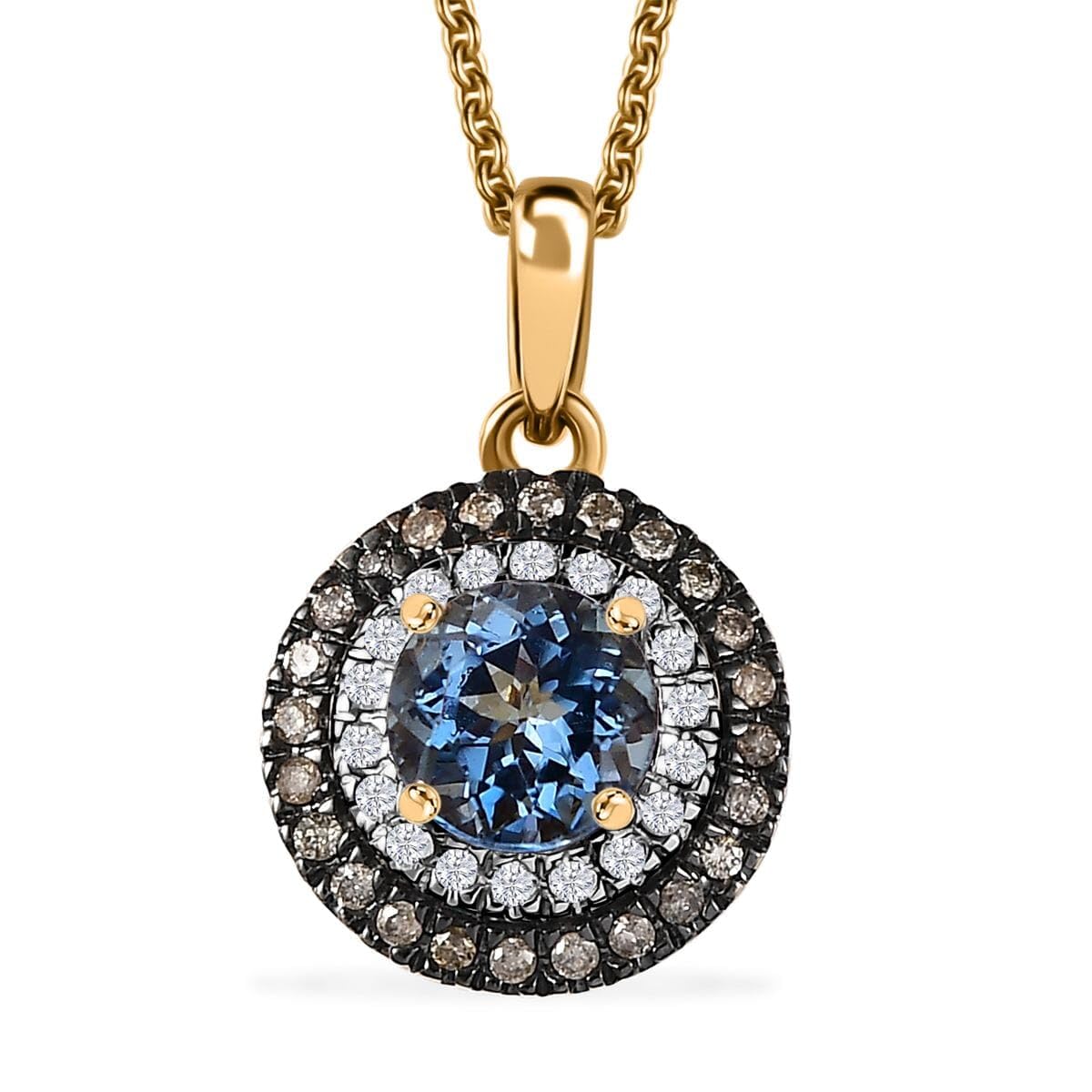 LUXORO AAA Blue Aquamarine Champagne Diamond Round 14K Yellow Gold Halo Pendant Necklace for Women Jewelry Birthday Christmas Gifts Size 20" Ct 1.3 I3 Clarity