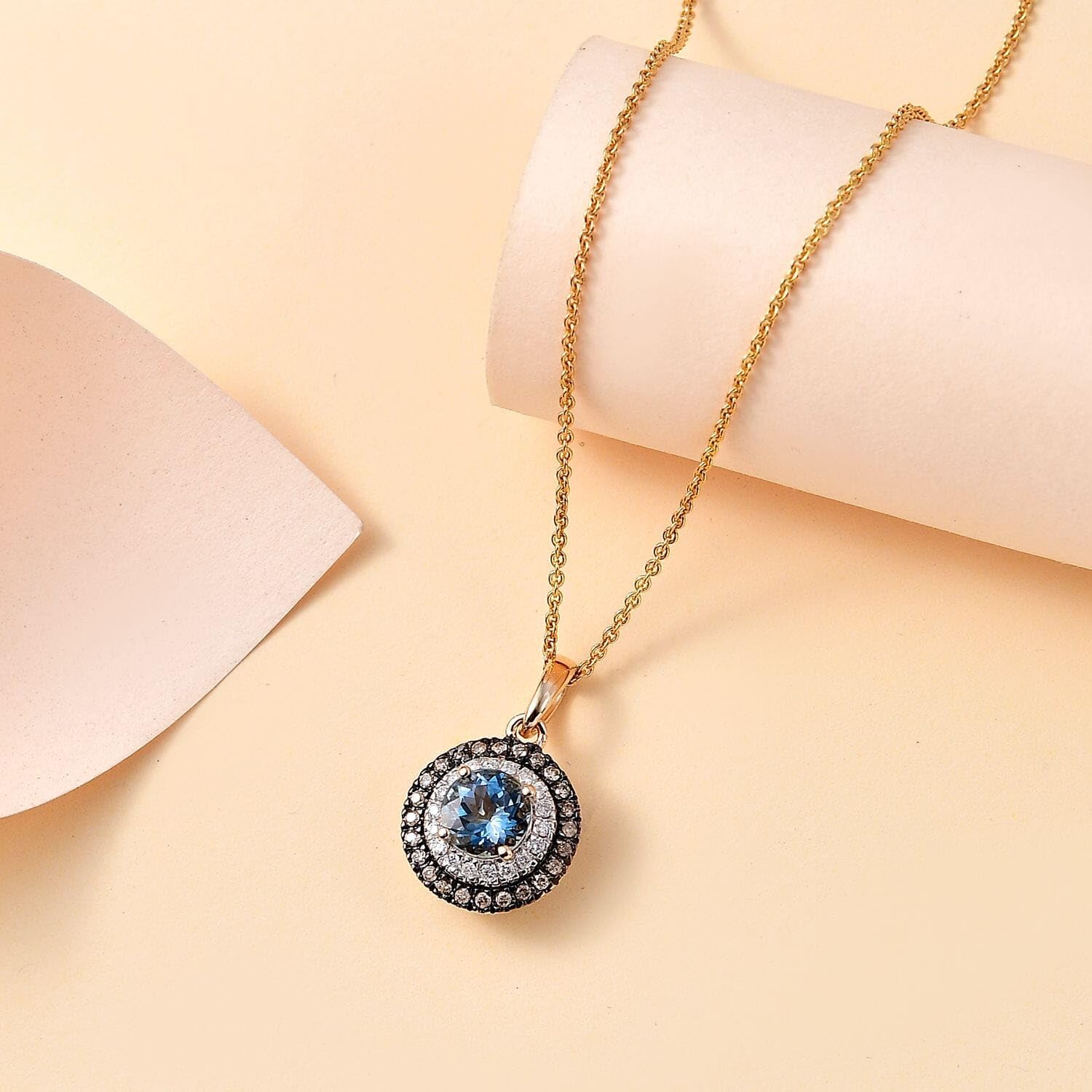 LUXORO AAA Blue Aquamarine Champagne Diamond Round 14K Yellow Gold Halo Pendant Necklace for Women Jewelry Birthday Christmas Gifts Size 20" Ct 1.3 I3 Clarity - Image 2