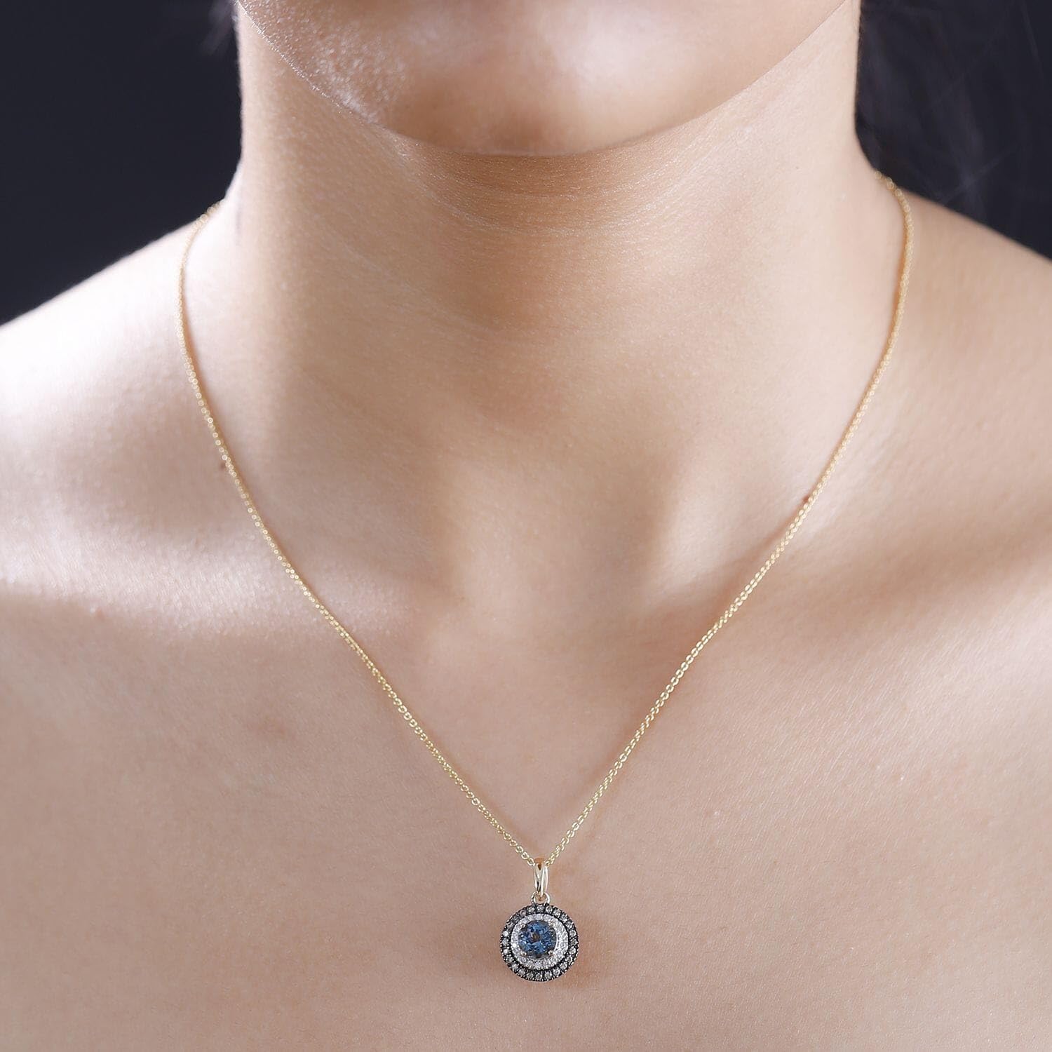 LUXORO AAA Blue Aquamarine Champagne Diamond Round 14K Yellow Gold Halo Pendant Necklace for Women Jewelry Birthday Christmas Gifts Size 20" Ct 1.3 I3 Clarity - Image 3
