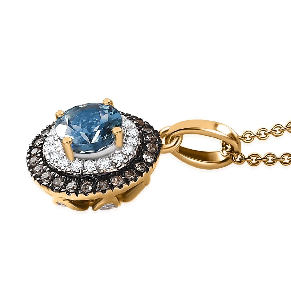 LUXORO AAA Blue Aquamarine Champagne Diamond Round 14K Yellow Gold Halo Pendant Necklace for Women Jewelry Birthday Christmas Gifts Size 20" Ct 1.3 I3 Clarity - Image 4