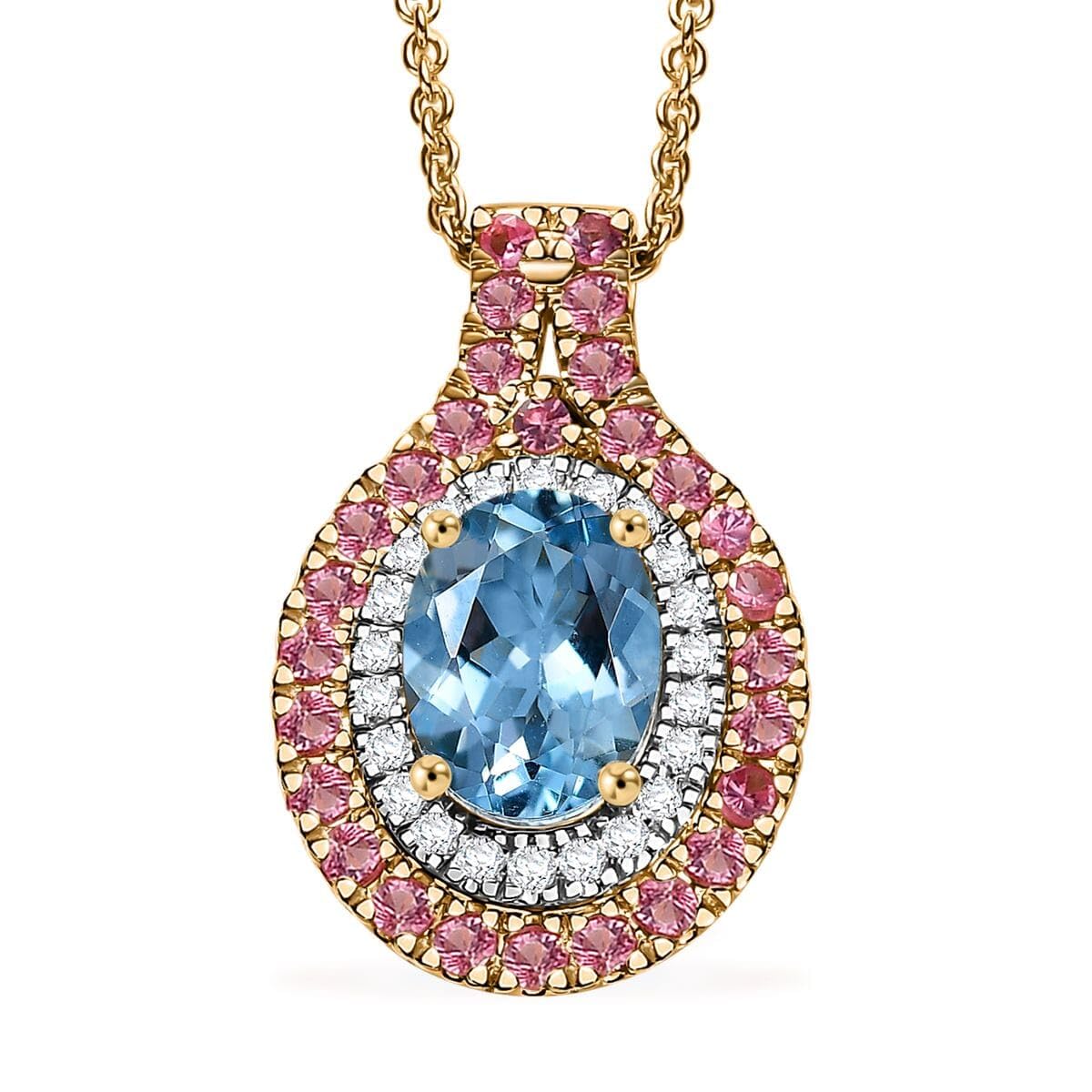 LUXORO AAA Blue Aquamarine Spinel Oval 14K Yellow Gold Halo Pendant Necklace for Women Jewelry Birthday Christmas Gifts Size 20 Inches Ct 1.5