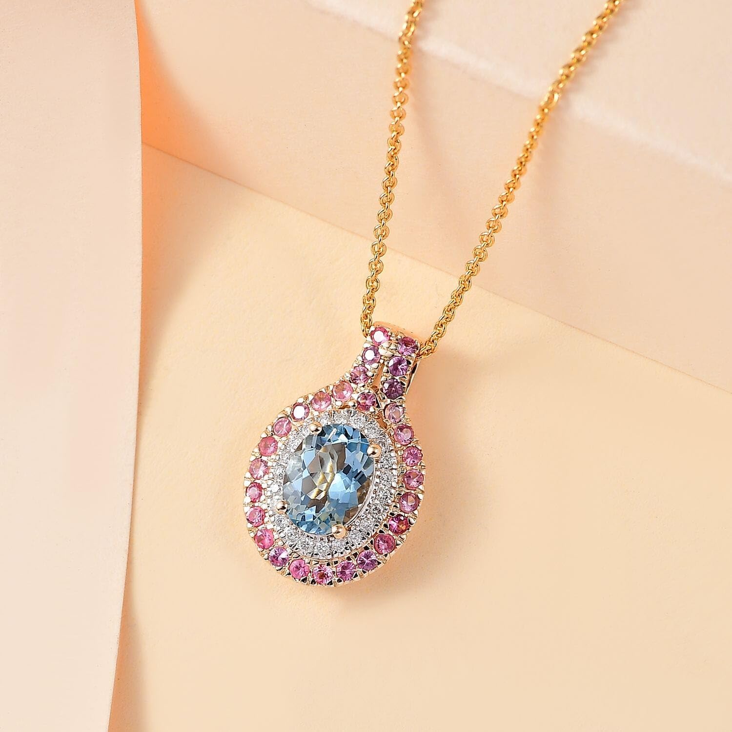 LUXORO AAA Blue Aquamarine Spinel Oval 14K Yellow Gold Halo Pendant Necklace for Women Jewelry Birthday Christmas Gifts Size 20 Inches Ct 1.5 - Image 2