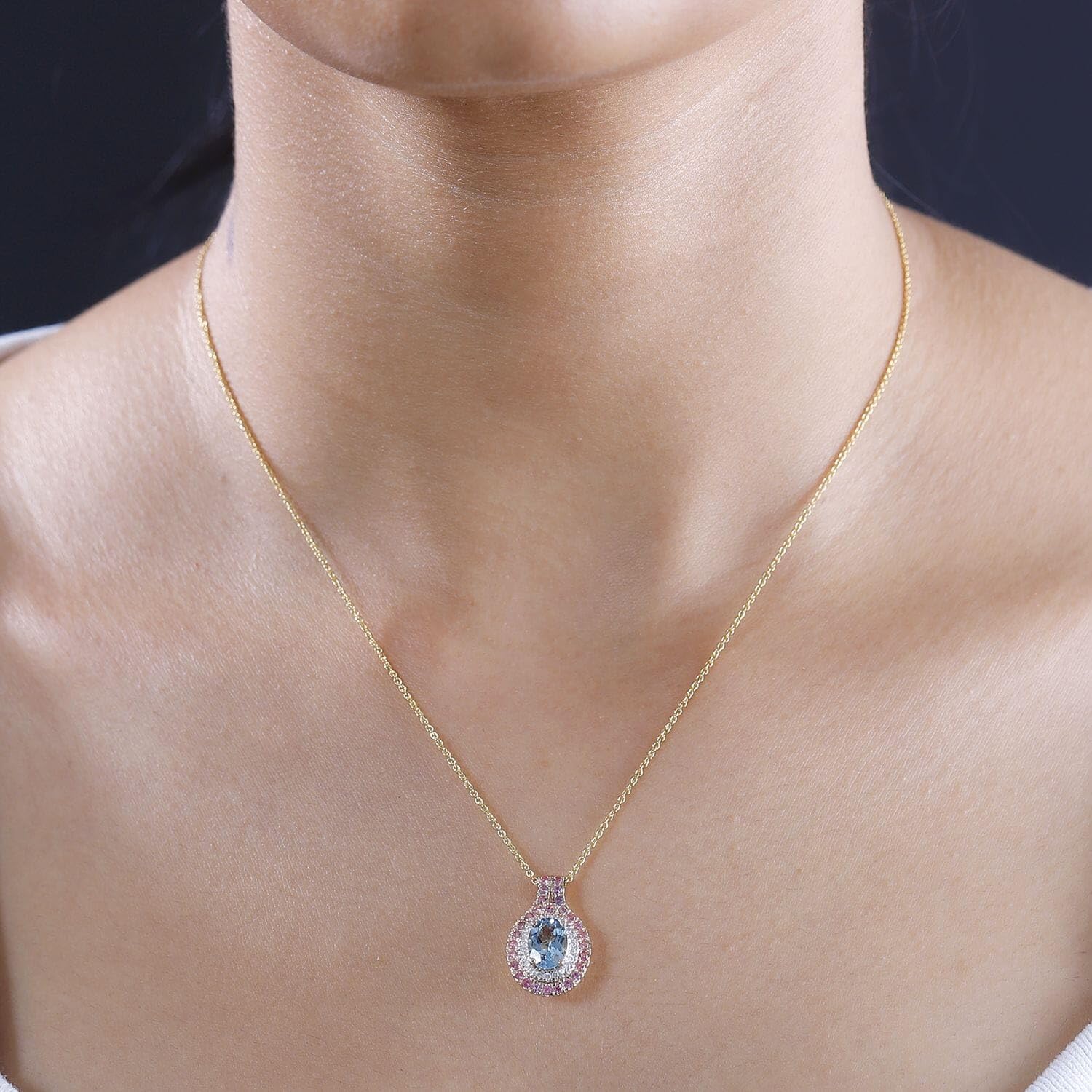 LUXORO AAA Blue Aquamarine Spinel Oval 14K Yellow Gold Halo Pendant Necklace for Women Jewelry Birthday Christmas Gifts Size 20 Inches Ct 1.5 - Image 3