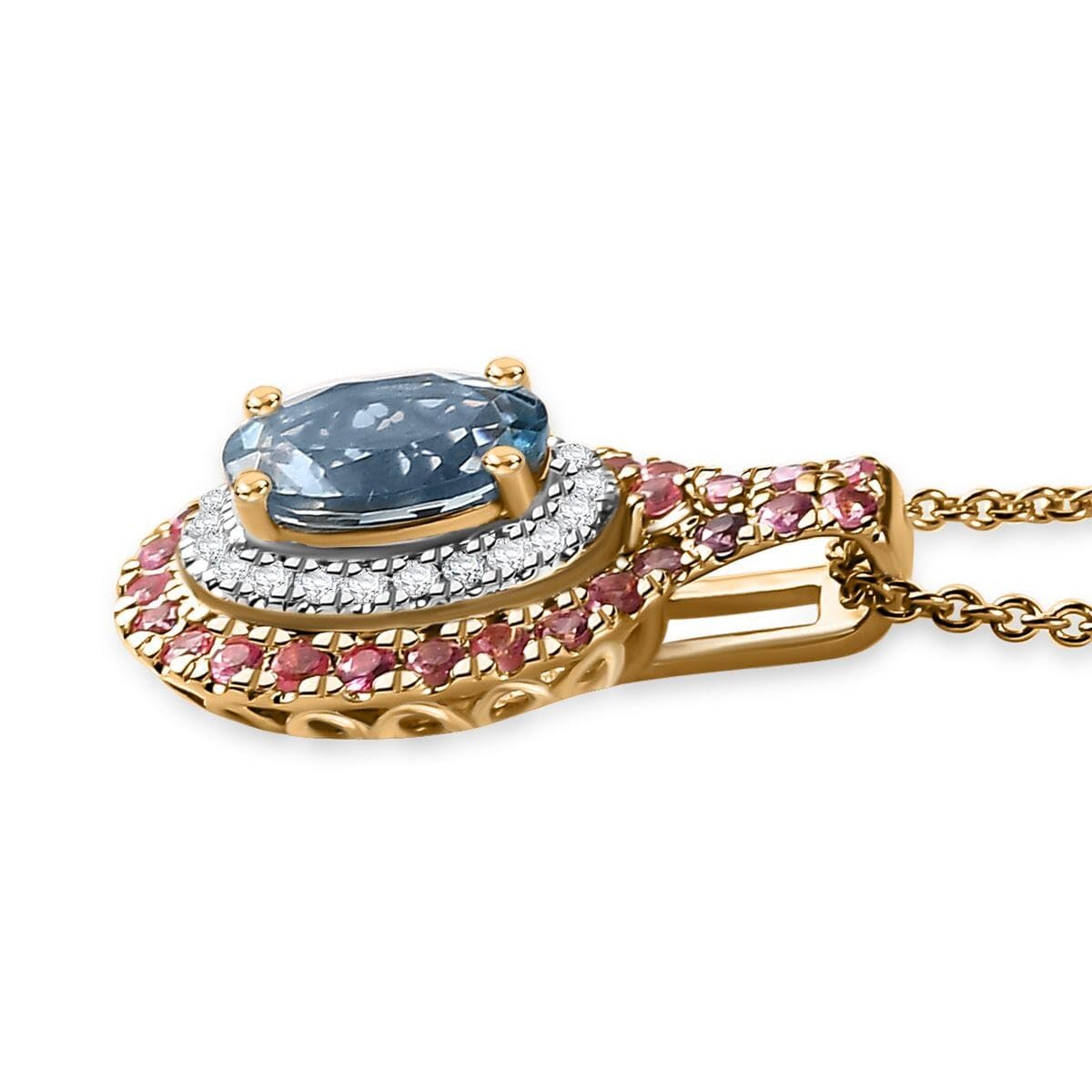 LUXORO AAA Blue Aquamarine Spinel Oval 14K Yellow Gold Halo Pendant Necklace for Women Jewelry Birthday Christmas Gifts Size 20 Inches Ct 1.5 - Image 4