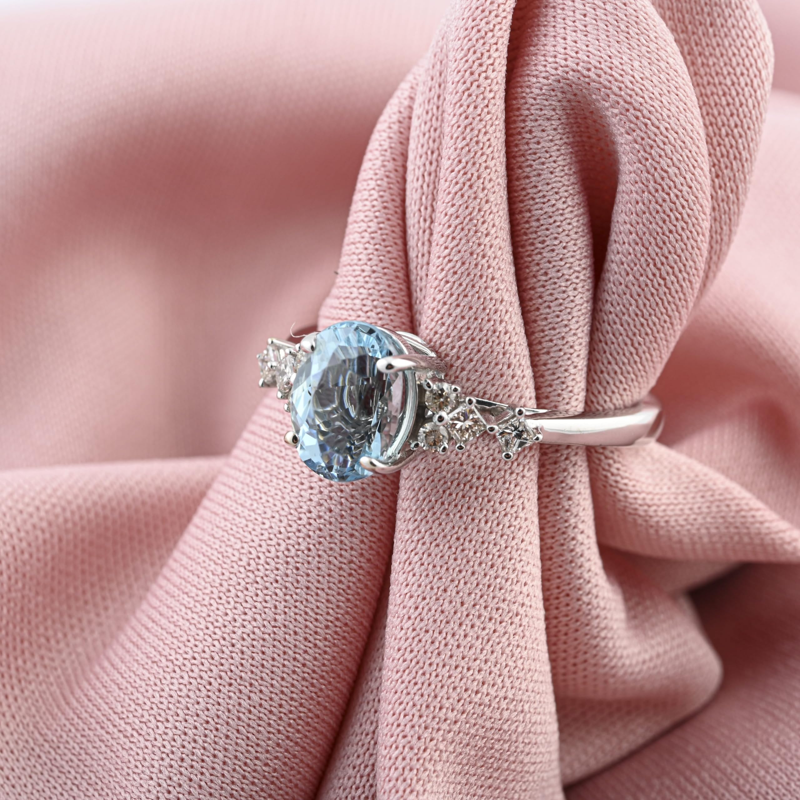 LUXORO AAA Blue Aquamarine White Diamond 14K White Gold Ring for Women Jewelry Ct 1.26 G-H Color I3 Clarity Birthday Christmas Gifts - Image 2