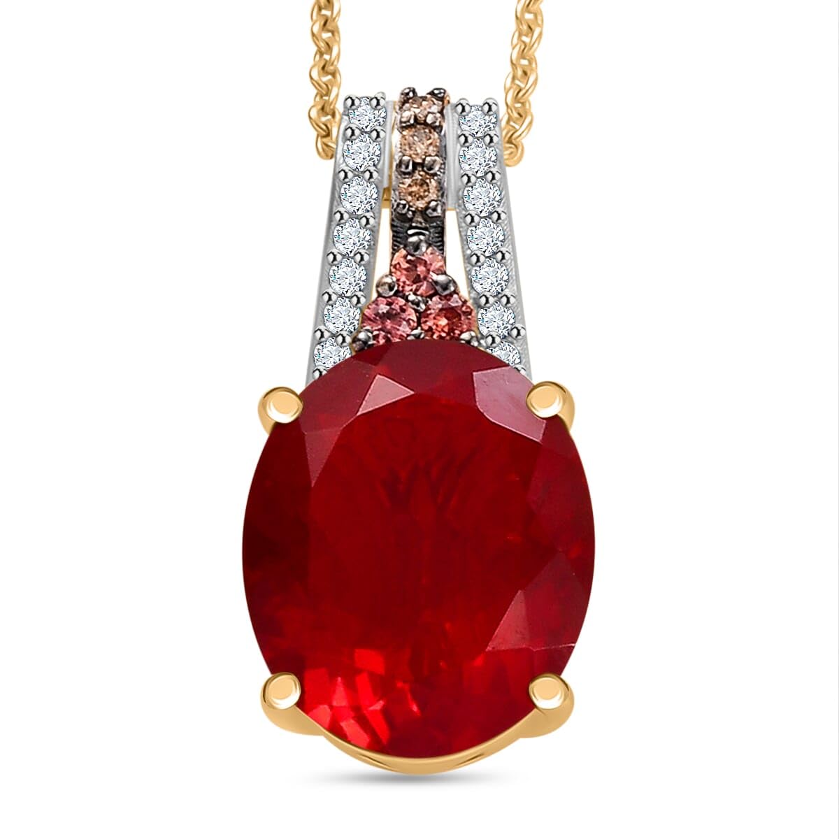 LUXORO AAA Cherry Multi Gemstone Fire Opal Oval 10K Yellow Gold Pendant Necklace for Women Jewelry Birthday Christmas Gifts Size 18 Inches Ct 2.72