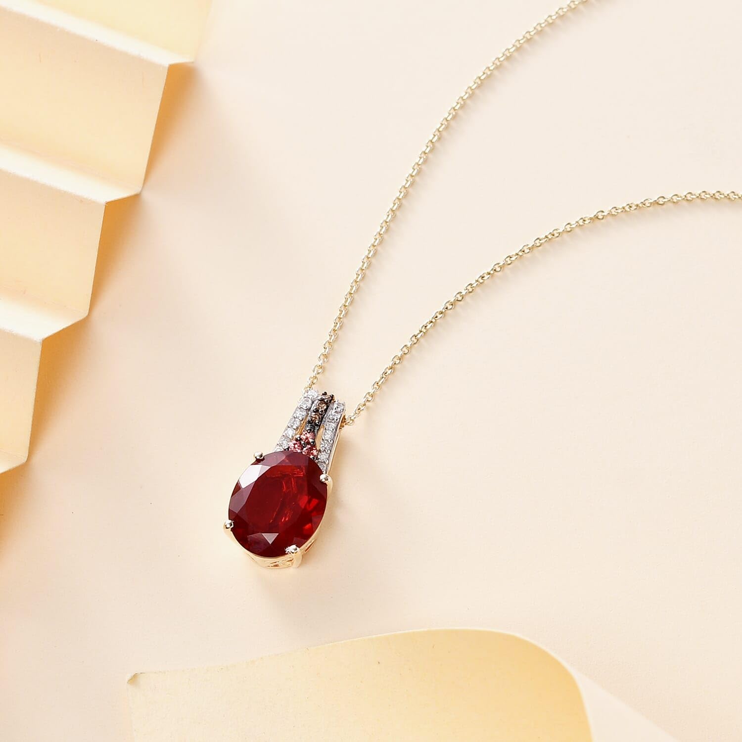 LUXORO AAA Cherry Multi Gemstone Fire Opal Oval 10K Yellow Gold Pendant Necklace for Women Jewelry Birthday Christmas Gifts Size 18 Inches Ct 2.72 - Image 2