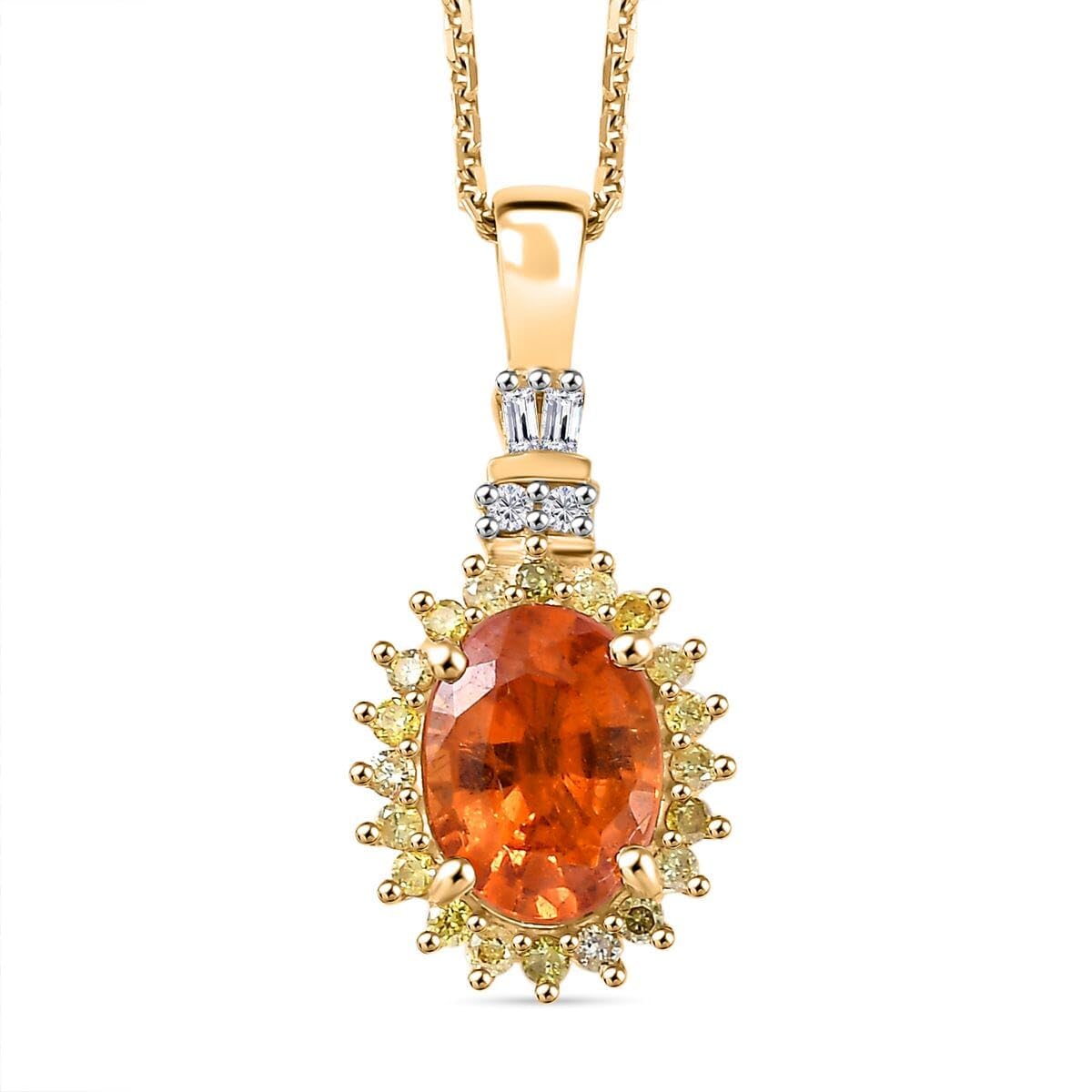 LUXORO AAA Garnet White Diamond Oval 14K Yellow Gold Pendant Necklace for Women Jewelry Birthday Gifts Size 18" Ct 1.56 G-H Color I3 Clarity